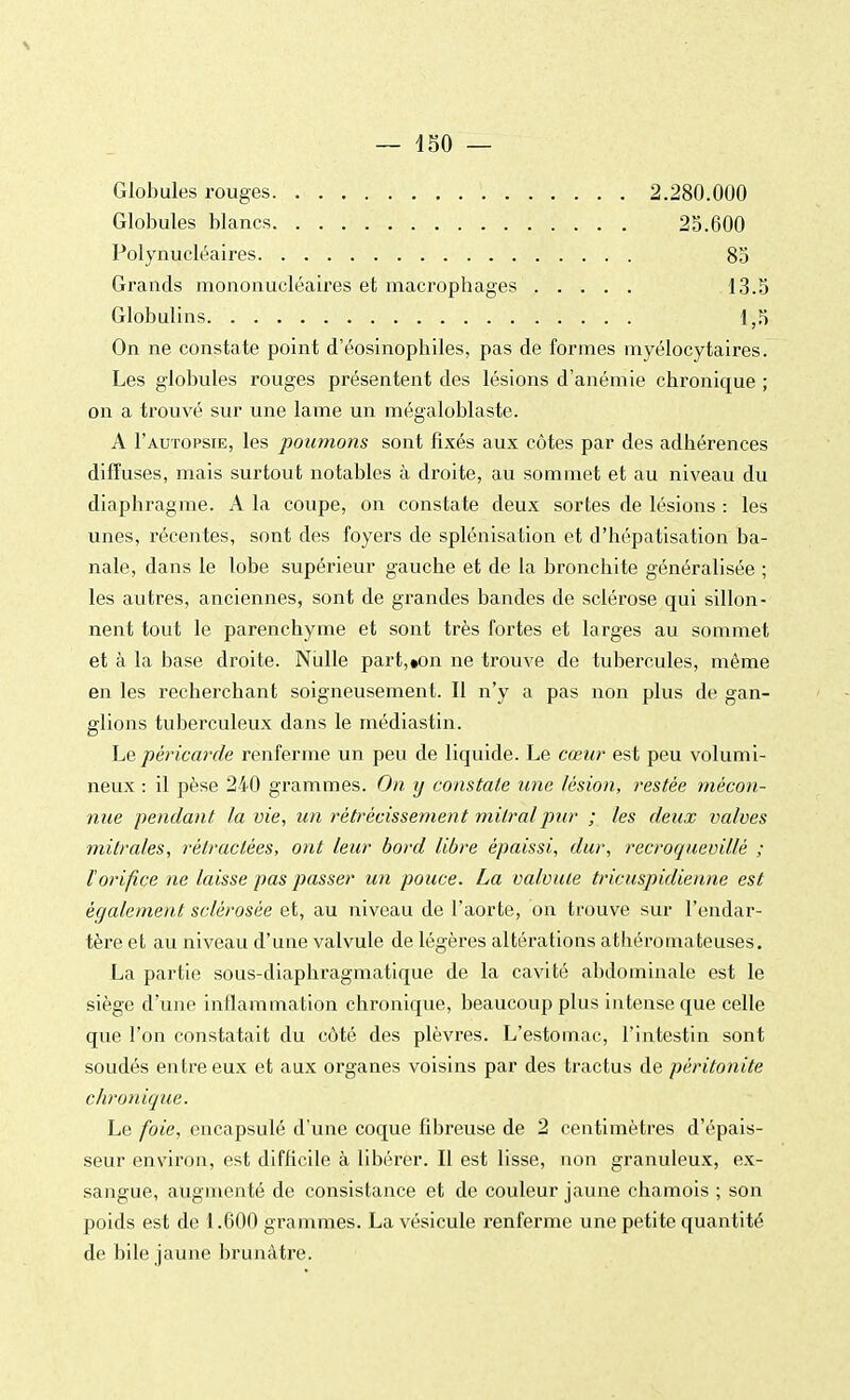 Globules rouges 2.280.000 Globules blancs 25.600 Polynucléaires 85 Grands mononucléaires et macrophages 13.5 Globulins 1,5 On ne constate point d'éosinopbiles, pas de formes myélocytaires. Les globules rouges présentent des lésions d'anémie chronique ; on a trouvé sur une lame un mégaloblaste. A I'autopsie, les poumons sont fixés aux côtes par des adhérences diffuses, mais surtout notables à droite, au sommet et au niveau du diaphragme. A la coupe, on constate deux sortes de lésions : les unes, récentes, sont des foyers de splénisation et d'hépatisation ba- nale, dans le lobe supérieur gauche et de la bronchite généralisée ; les autres, anciennes, sont de grandes bandes de sclérose qui sillon- nent tout le parenchyme et sont très fortes et larges au sommet et à la base droite. Nulle part,»on ne trouve de tubercules, même en les recherchant soigneusement. Il n'y a pas non plus de gan- glions tuberculeux dans le médiastin. Le péricarde renferme un peu de liquide. Le cœur est peu volumi- neux : il pèse 240 grammes. On y constate une lésion, restée mécon- nue pendant la vie, un rétrécissement milr al pur ; les deux valves mitrales, rétractées, ont leur bord libre épaissi, dur, recroquevillé ; l'orifice ne laisse pas passer un pouce. La valvule tricuspidienne est également sclérosée et, au niveau de l'aorte, on trouve sur Pendar- tère et au niveau d'une valvule de légères altérations athéromateuses. La partie sous-diaphragmatique de la cavité abdominale est le siège d'une inflammation chronique, beaucoup plus intense que celle que l'on constatait du côté des plèvres. L'estomac, l'intestin sont soudés entre eux et aux organes voisins par des tractus de péritonite chronique. Le foie, encapsulé d'une coque fibreuse de 2 centimètres d'épais- seur environ, est difficile à libérer. Il est lisse, non granuleux, ex- sangue, augmenté de consistance et de couleur jaune chamois ; son poids est de 1.600 grammes. La vésicule renferme une petite quantité de bile jaune brunâtre.