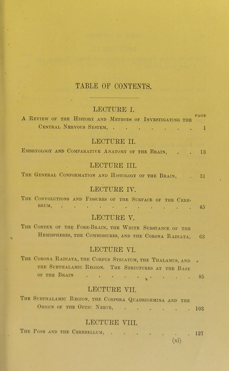 TABLE OF CONTENTS. LECTUEE I. A Review of the History and Methods of Investigating the ^^'^^ Central Nervous System, 1 LECTUEE 11. Embryology and Comparative Anatomy of the Brain, . . 13 LECTUEE III. The General Conformation and Histology of the Brain, . 31 LECTUEE IV. The Convolutions and Fissures of the Surface of the Cere- brum, 45 LECTUEE V. The Cortex of the Fore-Brain, the White Substance of the Hemispheres, the Commissures, and the Corona Eadiata, 63 LECTUEE VI. The Corona Radiata, the Corpus Striatum, the Thalamus, and , the Subthalamic Region. The Structures at the Base of the Brain gg LECTUEE VIL The Subthalamic Region, the Corpora Quadrigemina and the Origin of the Optic Nerve, 103 LECTUEE VIII. The Pons and the Cerebellum, 127