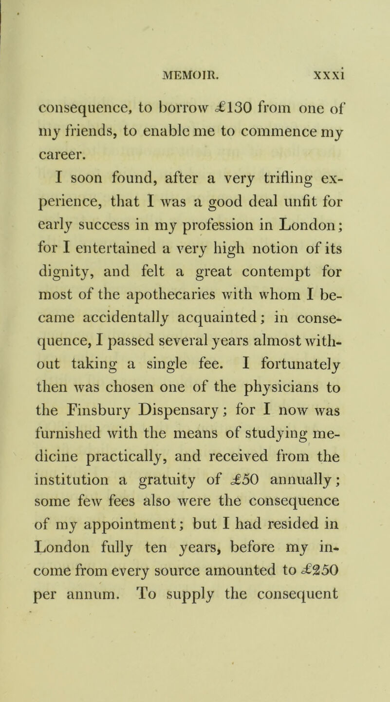 consequence, to borrow ^130 from one of iny friends, to enable me to commence my career. I soon found, after a very trifling ex- perience, that I was a good deal unfit for early success in my profession in London; for I entertained a very high notion of its dignity, and felt a great contempt for most of the apothecaries with whom I be- came accidentally acquainted; in conse- quence, I passed several years almost with- out taking a single fee. I fortunately then was chosen one of the physicians to the Finsbury Dispensary; for I now was furnished with the means of studying me- dicine practically, and received from the institution a gratuity of J50 annually; some few fees also were the consequence of my appointment; but I had resided in London fully ten years, before my in- come from every source amounted to ^250 per annum. To supply the consequent