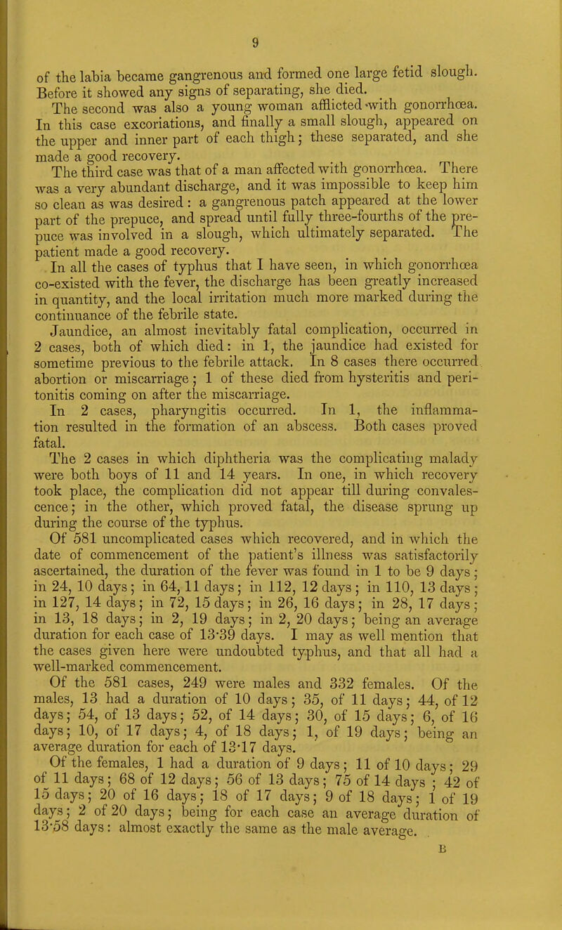 of the labia became gangrenous and formed one large fetid slough. Before it showed any signs of separating, she died. The second was also a young woman afflicted -with gonorrhoea. In this case excoriations, and finally a small slough, appeared on the upper and inner part of each thigh ; these separated, and she made a good recovery. The third case was that of a man affected with gonorrhoea. There was a very abundant discharge, and it was impossible to keep him so clean as was desired : a gangrenous patch appeared at the lower part of the prepuce, and spread until fully three-fourths of the pre- puce was involved in a slough, which ultimately separated. The patient made a good recovery. In all the cases of typhus that I have seen, in which gonorrhoea co-existed with the fever, the discharge has been greatly increased in quantity, and the local irritation much more marked during the continuance of the febrile state. Jaundice, an almost inevitably fatal complication, occurred in 2 cases, both of which died: in 1, the jaundice had existed for sometime previous to the febrile attack. In 8 cases there occurred abortion or miscarriage ; 1 of these died from hysteritis and peri- tonitis coming on after the miscarriage. In 2 cases, pharyngitis occurred. In 1, the inflamma- tion resulted in the formation of an abscess. Both cases proved fatal. The 2 cases in which diphtheria was the complicating malady were both boys of 11 and 14 years. In one, in which recovery took place, the complication did not appear till during convales- cence,* in the other, which proved fatal, the disease sprung up during the course of the typhus. Of 581 uncomplicated cases which recovered, and in which the date of commencement of the patient’s illness was satisfactorily ascertained, the duration of the fever was found in 1 to be 9 days; in 24, 10 days; in 64,11 days; in 112, 12 days ; in 110, 13 days ; in 127, 14 days; in 72, 15 days; in 26, 16 days; in 28, 17 days ; in 13, 18 days; in 2, 19 days; in 2, 20 days; being an average duration for each case of 13*39 days. I may as well mention that the cases given here were undoubted typhus, and that all had a well-marked commencement. Of the 581 cases, 249 were males and 332 females. Of the males, 13 had a duration of 10 days; 35, of 11 days; 44, of 12 days; 54, of 13 days; 52, of 14 days; 30, of 15 days; 6, of 16 days; 10, of 17 days; 4, of 18 days; 1, of 19 days; being an average duration for each of 13*17 days. Of the females, 1 had a duration of 9 days; 11 of 10 days * 29 of 11 days; 68 of 12 days; 56 of 13 days; 75 of 14 days * 42 of 15 days; 20 of 16 days; 18 of 17 days; 9 of 18 days; 1 of 19 days; 2 of 20 days; being for each case an average duration of 13*58 days: almost exactly the same as the male average. B