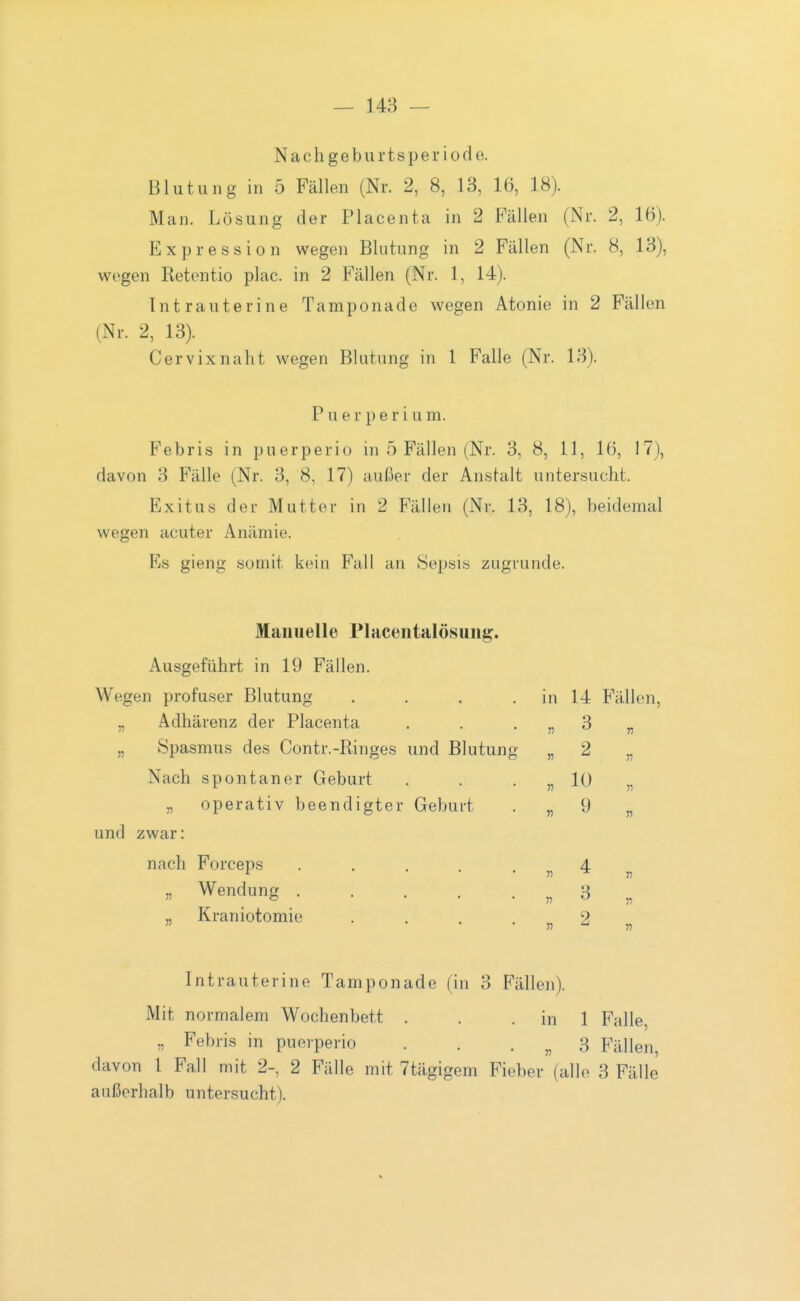 Nachgeburtsperiode. Blutung in 5 Fällen (Nr. 2, 8, 13, 16, 18). Man, Lösung der Placenta in 2 Fällen (Nr. 2, 16). Expression wegen Blutung in 2 Fällen (Nr. 8, 13), wegen Retentio plae. in 2 Fällen (Nr. 1, 14). Intrauterine Tamponade wegen Atonie in 2 Fällen (Nr. 2, 13). Cer Vix naht wegen Blutung in 1 Falle (Nr. 13). Puerperium. Febris in puerperio in 5 Fällen (Nr. 3, 8, 11, 16, 17), davon 3 Fälle (Nr. 3, 8, 17) außer der Anstalt untersucht. Exitus der Mutter in 2 Fällen (Nr. 13, 18), beidemal wegen acuter Anämie. Es gieng somit kein Fall an Sepsis zugrunde. Manuelle Pbicentaiösung. Ausgeführt in 19 Fällen. Wegen profuser Blutung . . . . in 14 Fällen, „ Adhärenz der Placenta . . . „ 3 „ „ Spasmus des Contr.-Ringes und Blutung „ 2 „ Nach spontaner Geburt . . . „ lü ,, „ operativ beendigter Geburt . „ 9 „ und zwar: nach Forceps „ 4 „ « Wendung „ 3 „ „ Kraniotomie .... 2 Intrauterine Tamponade (in 3 Fällen). Mit normalem Wochenbett . . . in 1 Falle, „ Febris in puerperio . . • „ 3 Fällen, davon 1 Fall mit 2-, 2 Fälle mit 7tägigem Fieber (alle 3 Fälle außerhalb untersucht).