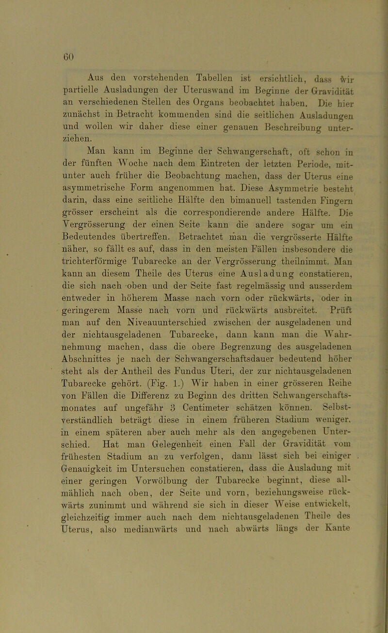 GO Aus clen vorstehenden Tabellen ist ersichtlich, dass frir partielle Ausladungen der Uteruswand im Beginne der Gravidität an verschiedenen Stellen des Organs beobachtet haben. Die hier zunächst in Betracht kommenden sind die seitlichen Ausladungen und wollen wir daher diese einer genauen Beschreibung unter- ziehen. Man kann im Beginne der Schwangerschaft, oft schon in der fünften Woche nach dem Eintreten der letzten Periode, mit- unter auch früher die Beobachtung machen, dass der Uterus eine asymmetrische Form angenommen hat. Diese Asymmetrie besteht darin, dass eine seitliche Hälfte den bimanuell tastenden Fingern grösser erscheint als die correspondierende andere Hälfte. Die Vergrösserung der einen Seite kann die andere sogar um ein Bedeutendes übertreffen. Betrachtet man die vergrösserte Hälfte näher, so fällt es auf, dass in den meisten Fällen insbesondere die trichterförmige Tubarecke an der Vergrösserung theilnimmt. Man kann an diesem Theile des Uterus eine Ausladung eonstatieren, die sich nach oben und der Seite fast regelmässig und ausserdem entweder in höherem Masse nach vorn oder rückwärts, oder in geringerem Masse nach vorn und rückwärts ausbreitet. Prüft man auf den Niveauunterschied zwischen der ausgeladenen und der nichtausgeladenen Tubarecke, dann kann man die Wahr- nehmung machen, dass die obere Begrenzung des ausgeladenen Abschnittes je nach der Schwangerschaftsdauer bedeutend höher steht als der Antheil des Fundus Uteri, der zur nichtausgeladenen Tubarecke gehört. (Fig. 1.) Wir haben in einer grösseren Reihe von Fällen die Differenz zu Beginn des dritten Schwangerschafts- monates auf ungefähr 3 Centimeter schätzen können. Selbst- verständlich beträgt diese in einem früheren Stadium weniger, in einem späteren aber auch mehr als den angegebenen Unter- schied. Hat man Gelegenheit einen Fall der Gravidität vom frühesten Stadium an zu verfolgen, dann lässt sich bei einiger Genauigkeit im Untersuchen eonstatieren, dass die Ausladung mit einer geringen Vorwölbung der Tubarecke beginnt, diese all- mählich nach oben, der Seite und vorn, beziehungsweise rück- wärts zunimmt und während sie sich in dieser Meise entwickelt, gleichzeitig immer auch nach dem nichtausgeladenen Theile des Uterus, also medianwärts und nach abwärts längs der Kante