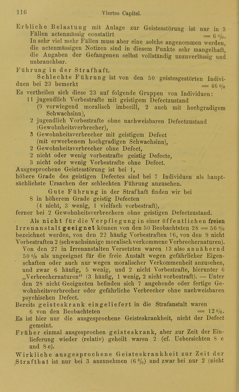 Erbliche Belastung mit Anlage zur Geistesstörung ist nur in 3 Fällen actenmässig constatirt — g oy^^ In sehr viel mehr Fällen muss aber eine solche angenommen werden, die acteumässigen Notizen sind in diesem Punkte sehr mangelhaft', die Angaben der Gefangenen selbst vollständig unzuverlässig und unbrauchbar. Führung in der Strafhaft. Schlechte Führung ist von den 50 geistesgestörten Indivi- duen bei 23 bemerkt — 4g Es vertheilen sich diese 23 auf folgende Gruppen von Individuen: 11 jugendlich Vorbestrafte mit geistigem Defectzustand (9 vorwiegend moralisch imbecill, 2 auch mit hochgradigem Schwachsinn), 2 jugendlich Vorbestrafte ohne nachweisbaren Defectzustand (Gewohnheitsverbrecher), 3 Gewohnheitsverbrecher mit geistigem Defect (mit erworbenem hochgradigen Schwachsinn), 2 Gewohnheitsverbrecher ohne Defect, 2 nicht oder wenig vorbestrafte geistig Defecte, 3 nicht oder wenig Vorbestrafte ohne Defect. Ausgesprochene Geistesstörung ist bei 1, höhere Grade des geistigen Defectes sind bei 7 Individuen als liaupt- sächlichste Ursachen der schlechten Führung anzusehen. Gute Führung in der Strafhaft finden wir bei 8 in höherem Grade geistig Defecten (4 nicht, 3 wenig, 1 vielfach vorbestraft), ferner bei 2 Gewohnheitsverbrechern ohne geistigen Defectzustand. Als nicht für die Verpflegung in einer öffentlichen freien Irrenanstalt geeignet können von den 50 Beobachteten 28 = 56 0/0 bezeichnet werden, von den 22 häufig Vorbestraften 16, von den 9 nicht Vorbestraften 2 (schwachsinnige moralisch verkommene Verbrechernaturen). Von den 27 in Irrenanstalten Versetzten waren 13 also annähernd 500/0 als ungeeignet für die freie Anstalt wegen gefährlicher Eigen- schaften oder auch nur wegen moralischer Verkommenheit anzusehen, und zwar 6 häufig, 5 wenig, und 2 nicht Vorbestrafte, hierunter 6 „Verbrechernaturen (3 häufig, 1 wenig, 2 nicht vorbestraft). — Unter den 28 nicht Geeigneten befinden sich 7 angehende oder fertige Ge- wohnheitsverbrecher oder gefährliche Verbrecher ohne nachweisbaren psychischen Defect. Bereits geisteskrank eingeliefert in die Strafanstalt waren 6 von den Beobachteten = 12 0/0. Es ist hier nur die ausgesprochene Geisteskrankheit, nicht der Defect gemeint. Früher einmal ausgesprochen geisteskrank, aber zur Zeit der Ein- lieferung wieder (relativ) geheilt waren 2 (cf. Uebersichten S c und 8 e). Wirkliche ausgesprochene Geisteskrankheit zur Zeit der Strafthat ist nur bei 3 anzunehmen (6%) und zwar bei nur 2 (nicht