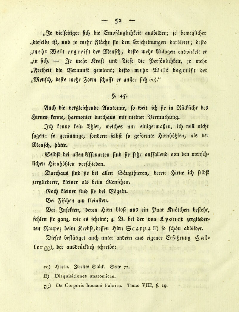 „biefeI6e ifl, «nb je me§r glac^e fie bm (Srfc^einungen öarSiefet; bcflo „me^r '^Belt crgi-eiff bei- SDTenfd^, t)c|Io nie§r Qfnfagen euütvicfeft ec „itt ft(^. — 5« me§r Äcafc unb liefe i)te ^^crfonHc^feit, je mefyr „(^rei^eif bie 5Bernunfe geroinnt; beflo me^c ®ele begreife bec j,?[)Jenfc^, beflo me§r gorm fc^ajft er aiipei* fic^ ee). 5fu(^ bie tjergfet^enbc 5fnatomte, fo weif ic^ fic in Üiucfftc^f beö ^irneö fenne, |iarmonirt burdjauö mtf meiner fBermutf»ung. fenne fein ^^ier, welches nur einigerma0en, i(^ roiö nic^f fagen: fo geräumige, fonbern felbfl fo geformte ^irn§o^(en, als ber SKenfc^, ^atu* ©elBjl bei äffen 5(ffenorfen ftnb fte fe§r ouffaöenb Don ben menfc^« Ud^m ^irnp^fen t)erf(^ieben. Sr)urc^auö ftnb fte bei aßen ©dugf^ieren, beren >^icne id; fe(6jl jergfieberfe, fleiner al6 beim ^Renfd^eit, üic<3^ f(einer ftnb fte bei $Bogetn. 25ei ^ifä^m am fleinflen. 23et ^nfeffen, beren ^irn bfoj? oi!« ein ^aat ^nofd^en be{!e^f, fehlen fte ganj, roie eö f^eint; j. 25. bei ber üon Xyonet jerglieber» (en Slciupc; beim ^rebfe,be{fen ^irn 0c(trpaff) fo fd^on abbilbef. 2!)iefes5 beflattget auc^ unter anbern aü$ eigener ^ifa^rung -^al' Icrgg), ber ouebrucflic^ fd^reibt: ee) ^oxm. Stödten <S>tM. ©eite 72. ff) Disq^uisitiones anatomicae. gg) De Corporis humani Fabrica. Tonic VJII, §. 19.