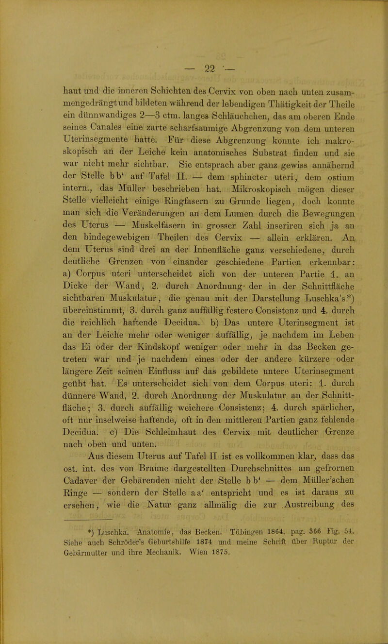 haut und die ran er en Schichten des Cervix von oben nach unten zusam- mengedrängt und bildeten während der lebendigen Tliätigkeit der Theile ein dünnwandiges 2—3 ctm. langes Schläuchchen, das am oberen Ende seines Canales eine zarte scharfsaumige Abgrenzung von dem unteren Uterinsegmente hatte. Für diese Abgrenzung konnte ich makro- skopisch an der Leiche kein anatomisches Substrat finden und sie war nicht mehr sichtbar, Sie entsprach aber ganz gewiss annähernd der 'Stelle bb' auf Tafel II. — dem sphincter uteri, dem ostium intern., das Müller beschrieben hat. Mikroskopisch mögen dieser Stelle vielleicht einige Ringfasern zu Grunde liegen, doch konnte man sich die Veränderungen an dem Lumen durch die Bewegungen des Uterus — Muskelfasern in grosser Zahl inseriren sich ja an den bindegewebigen Theilen des Cervix — allein erklären. An dem Uterus sind drei an der Innenfläche ganz verschiedene, durch deutliche Grenzen von einander geschiedene Partien erkennbar: a) Corpus uteri unterscheidet sich von der unteren Partie 1. an Dicke der Wand, 2. durch Anordnung- der in der Schnittfläche sichtbaren Muskulatur, die genau mit der Darstellung Luschka's*) übereinstimmt, 3. durch ganz auffällig festere Consistenz und 4. durch die reichlich haftende Decidua. b) Das untere Uterinsegment ist an der Leiche mehr oder weniger auffällig, je nachdem im Leben das Ei oder der Kindskopf weniger oder mehr in das Becken ge- treten war und je nachdem eines oder der andere kürzere oder längere Zeit seinen Einfluss auf das gebildete untere Uterinsegment geübt hat. Es unterscheidet sich von dem Corpus uteri: 1. durch dünnere Wand, 2. durch Anordnung der Muskulatur an der Schnitt- fläche; 3. durch auffällig weichere Consistenz; 4. durch spärlicher, oft nur inselweise haftende, oft in den mittleren Partien ganz fehlende Decidua. c) Die Schleimhaut des Cervix mit deutlicher Grenze nach oben und unten. Aus diesem Uterus auf Tafel II ist es vollkommen klar, dass das ost. int. des von Braune dargestellten Durchschnittes am gefrornen Cadaver der Gebärenden nicht der Stelle bb' — dem Müller'schen Ringe — sondern der Stelle aa' entspricht und es ist daraus zu ersehen, wie die Natur ganz allmähg die zur .Austreibung des *) Luschka. Anatomie, das Becken. TüJjingen 1864. pag. 366 Fig. bi. Siehe auch Schröder's Geburtshilfe 1874 und meine Schrift über Ruptur der Gebärmutter und ihre Mechanik. Wien 1875.