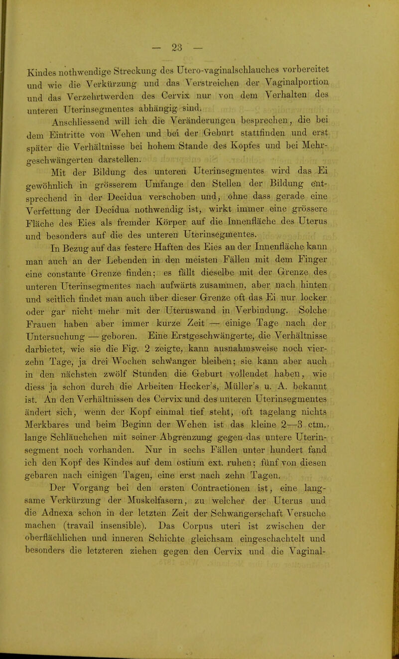 Kindes nothwendige Streckung des Utero-vaginalsclilauches vorbereitet und wie die Verkürzung und das Verstreichen der Vaginalportion und das Verzehrtwerden des Cervix nur von dem Verhalten des unteren Uterinsegmentes abhängig sind. Anschliessend will ich die Veränderungen besprechen, die bei dem Eintritte von Wehen und bei der Geburt stattfinden und erst später die Verhältnisse bei hohem Staude des Kopfes und bei Mehr- geschwängerten darstellen. Mit der Bildung des unteren Uterinsegmentes wird das Ei gewöhnhch in grösserem Umfange den Stellen der Bildung e'nt- sprechend in der Decidua verschoben imd, ohne dass gerade eine Verfettung der Decidua nothwendig ist, wirkt immer eine grössere Fläche des Eies als fremder Körper auf die Innenfläche des Uterus und besonders auf die des unteren Uterinsegmentes. In Bezug auf das festere Haften des Eies an der Innenfläche kann man auch an der Lebenden in den meisten Fällen mit dem Finger eine constante Grenze finden; es fällt dieselbe mit der Grenze des unteren Uterinsegmentes nach aufwärts zusammen, aber nach hinten und seitUch findet man auch über dieser Grenze oft das Ei nur locker oder gar nicht mehr mit der Uteruswand in Verbindung. Solche Frauen haben aber immer kurze Zeit — einige Tage nach der Untersuchung — geboren. Eine Erstgeschwängerte, die Verhältnisse darbietet, wie sie die Fig. 2 zeigte, kann ausnahmsweise noch vier- zehn Tage, ja drei Wochen schwanger bleiben; sie kann aber auch in den nächsten zwölf Stunden die Geburt vollendet haben, wie diess ja schon durch die Arbeiten Hecker's, Müller's u. A. bekannt ist. An den Verhältnissen des Cervix und des unteren Uterinsegmentes ändert sich, wenn der Kopf einmal tief steht, oft tagelang nichts Merkbares und beim Beginn der Wehen ist das kleine 2—3 ctm,- lange Schläuchchen mit seiner Abgrenzung gegen das untere Uterin- segment noch vorhanden. Nur in sechs Fällen unter hundert fand ich den Kopf des Kindes auf dem ostium ext. ruhen; fünf von diesen gebaren nach einigen Tagen, eine erst nach zehn Tagen. Der Vorgang bei den ersten Contractionen ist, eine lang- same Verkürzung der Muskelfasern, zu welcher der Uterus und die Adnexa schon in der letzten Zeit der Schwangerschaft Versuche machen (travail insensible). Das Corpus uteri ist zwischen der oberflächlichen und inneren Schichte gleichsam eingeschachtelt und besonders die letzteren ziehen gegen den Cervix und die Vaginal-