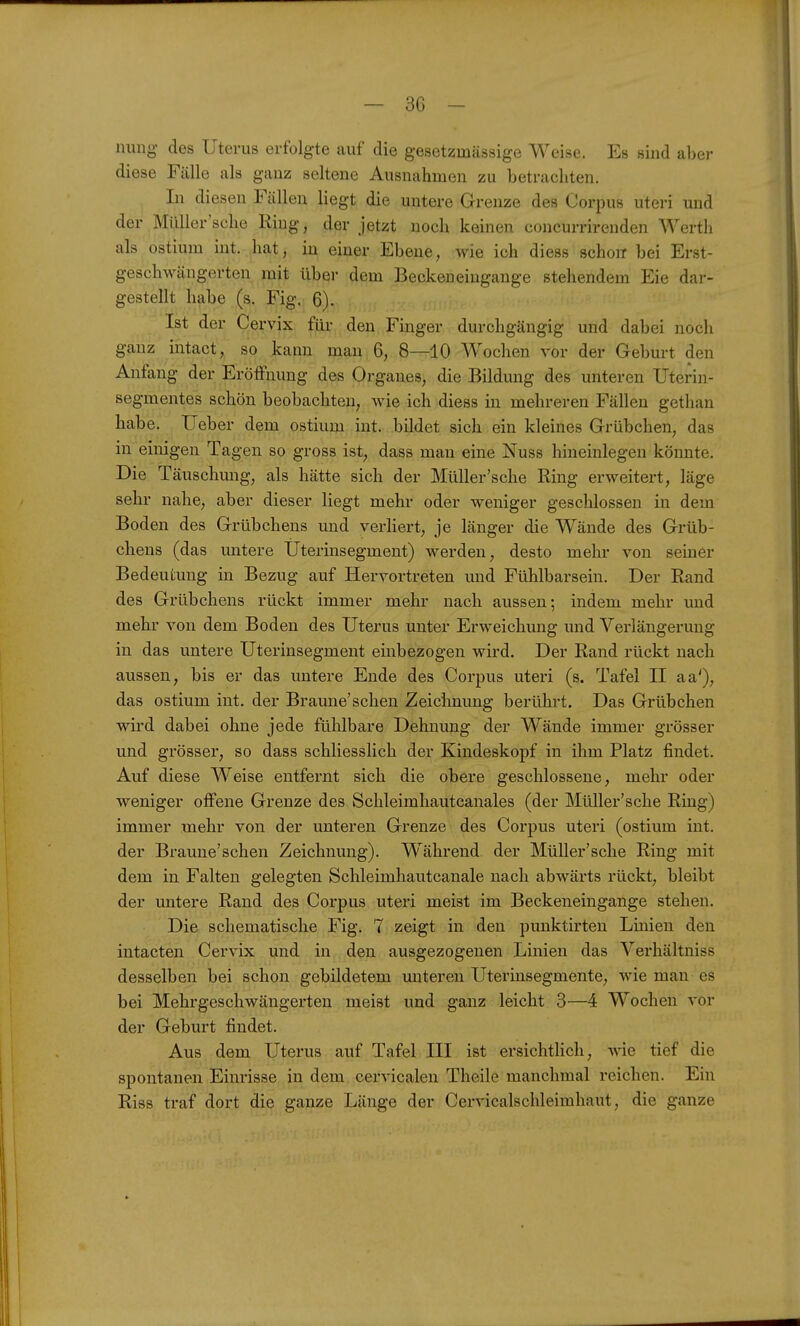 nung des Uterus erfolgte auf die gesetzmässige Weise. Es sind aber diese Fälle als ganz seltene Ausnahmen zu betrachten. In diesen Fällen liegt die untere Grenze des Corpus uteri und der Müller'sehe Ring, der jetzt noch keinen concurrirenden Werth als ostium int. .hat, in einer Ebene, wie ich diess schon bei Erst- geschwängerten mit über dem Beckeneiugange stehendem Eie dar- gestellt habe (s. Fig. 6). Ist der Cervix für den Finger durchgängig und dabei noch ganz intact, so kann man 6, 8—10 Wochen vor der Geburt den Anfang der Eröffnung des Organes, die Bildung des unteren Uterin- segmentes schön beobachten, wie ich diess in mehreren Fällen gethan habe. Ueber dem ostium int. bildet sich ein kleines Grübchen, das in einigen Tagen so gross ist, dass man eine Nuss hineinlegen könnte. Die Täuschung, als hätte sich der Müller'sehe Ring erweitert, läge sehr nahe, aber dieser liegt mehr oder weniger geschlossen in dem Boden des Grübchens und verliert, je länger die Wände des Grüb- chens (das untere Uterinsegment) werden, desto mehr von seiner Bedeutung in Bezug auf Hervortreten und Fühlbarsein. Der Rand des Grübchens rückt immer mehr nach aussen; indem mehr und mehr von dem Boden des Uterus unter Erweichung und Verlängerung in das untere Uterinsegment einbezogen wird. Der Rand rückt nach aussen, bis er das untere Ende des Corpus uteri (s. Tafel II aa'), das ostium int. der Braune'sehen Zeichnung berührt. Das Grübchen wird dabei ohne jede fühlbare Dehnung der Wände immer grösser und grösser, so dass schliesslich der Kindeskopf in ihm Platz findet. Auf diese Weise entfernt sich die obere geschlossene, mehr oder weniger offene Grenze des Schleimhautcanales (der Müller'sche Ring) immer mehr von der unteren Grenze des Corpus uteri (ostium int. der Braune'schen Zeichnung). Während der Müller'sche Ring mit dem in Falten gelegten Schleimhautcanale nach abwärts rückt, bleibt der untere Rand des Corpus uteri meist im Beckeneingange stehen. Die schematische Fig. 7 zeigt in den punktirten Linien den intacten Cervix und in den ausgezogenen Linien das Verhältniss desselben bei schon gebildetem unteren Uterinsegmente, wie man es bei Mehrgeschwängerten meist und ganz leicht 3—4 Wochen vor der Geburt findet. Aus dem Uterus auf Tafel III ist ersichtlich, wie tief die spontanen Einrisse in dem cervicalen Theile manchmal reichen. Ein Riss traf dort die ganze Länge der Cervicalschleimhaut, die ganze