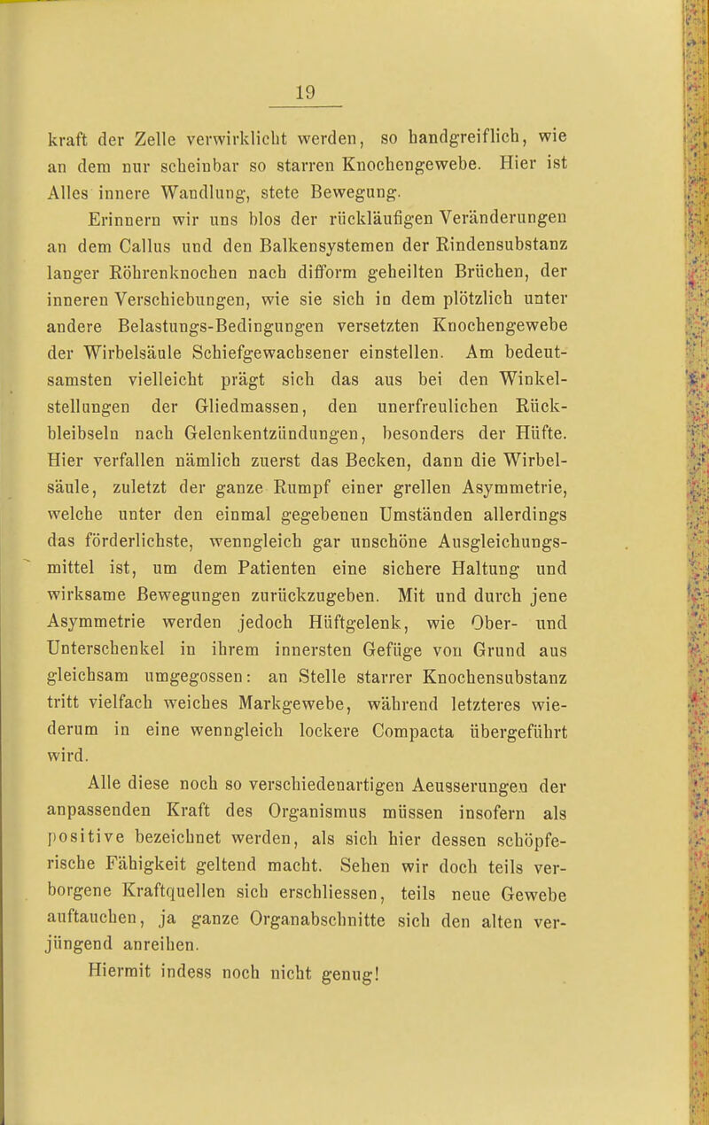 kraft der Zelle verwirklicht werden, so handgreiflich, wie an dem nur scheinbar so starren Knochengewebe. Hier ist Alles innere Wandlung-, stete Bewegung. Erinnern wir uns blos der rückläufigen Veränderungen an dem Callus und den Balkensystemen der Rindensubstanz langer Röhrenknochen nach difform geheilten Brüchen, der inneren Verschiebungen, wie sie sich in dem plötzlich unter andere Belastungs-Bedingungen versetzten Knochengewebe der Wirbelsäule Schiefgewachsener einstellen. Am bedeut- samsten vielleicht prägt sich das aus bei den Winkel- stellungen der Gliedmassen, den unerfreulichen Rück- bleibseln nach Gelenkentzündungen, besonders der Hüfte. Hier verfallen nämlich zuerst das Becken, dann die Wirbel- säule, zuletzt der ganze Rumpf einer grellen Asymmetrie, welche unter den einmal gegebenen Umständen allerdings das förderlichste, wenngleich gar unschöne Ausgleichungs- mittel ist, um dem Patienten eine sichere Haltung und wirksame Bewegungen zurückzugeben. Mit und durch jene Asymmetrie werden jedoch Hüftgelenk, wie Ober- und Unterschenkel in ihrem innersten Gefüge von Grund aus gleichsam umgegossen: an Stelle starrer Knochensabstanz tritt vielfach weiches Markgewebe, während letzteres wie- derum in eine wenngleich lockere Compacta übergeführt wird. Alle diese noch so verschiedenartigen Aeusserungen der anpassenden Kraft des Organismus müssen insofern als positive bezeichnet werden, als sich hier dessen schöpfe- rische Fähigkeit geltend macht. Sehen wir doch teils ver- borgene Kraftquellen sich erschliessen, teils neue Gewebe auftauchen, ja ganze Organabschnitte sich den alten ver- jüngend anreihen. Hiermit indess noch nicht genug!