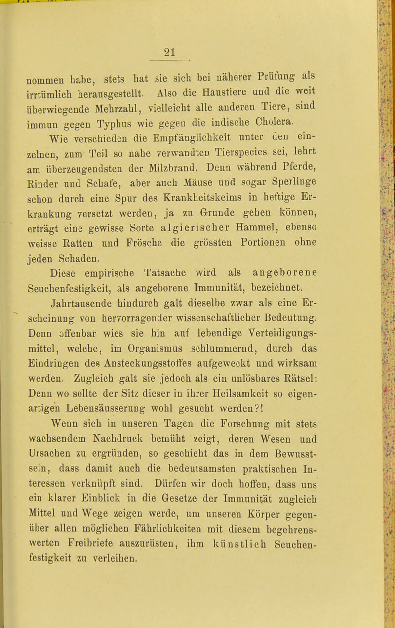 nommen habe, stets hat sie sich bei näherer Prüfung als irrtümlich herausgestellt. Also die Haustiere und die weit überwiegende Mehrzahl, vielleicht alle anderen Tiere, sind immun gegen Typhus wie gegen die indische Cholera. Wie verschieden die Empfänglichkeit unter den ein- zelnen, zum Teil so nahe verwandten Tierspecies sei, lehrt am überzeugendsten der Milzbrand. Denn während Pferde, Rinder und Schafe, aber auch Mäuse und sogar Sperlinge schon durch eine Spur des Krankheitskeims in heftige Er- krankung versetzt werden, ja zu Grunde gehen können, erträgt eine gewisse Sorte algierischer Hammel, ebenso weisse Ratten und Frösche die grössten Portionen ohne jeden Schaden. Diese empirische Tatsache wird als angeborene Seuchenfestigkeit, als angeborene Immunität, bezeichnet. Jahrtausende hindurch galt dieselbe zwar als eine Er- scheinung von hervorragender wissenschaftlicher Bedeutung. Denn offenbar wies sie hin auf lebendige Verteidigungs- mittel, welche, im Organismus schlummernd, durch das Eindringen des Ansteckungsstoffes aufgeweckt und wirksam werden. Zugleich galt sie jedoch als ein unlösbares Rätsel: Denn wo sollte der Sitz dieser in ihrer Heilsamkeit so eigen- artigen Lebensäusserung wohl gesucht werden?! Wenn sich in unseren Tagen die Forschung mit stets wachsendem Nachdruck bemüht zeigt, deren Wesen und Ursachen zu ergründen, so geschieht das in dem Bewusst- sein, dass damit auch die bedeutsamsten praktischen In- teressen verknüpft sind. Dürfen wir doch hoffen, dass uns ein klarer Einblick in die Gesetze der Immunität zugleich Mittel und Wege zeigen werde, um unseren Körper gegen- über allen möglichen Fährlichkeiten mit diesem begehrens- werten Freibriefe auszurüsten, ihm künstlich Seuchen- festigkeit zu verleihen.