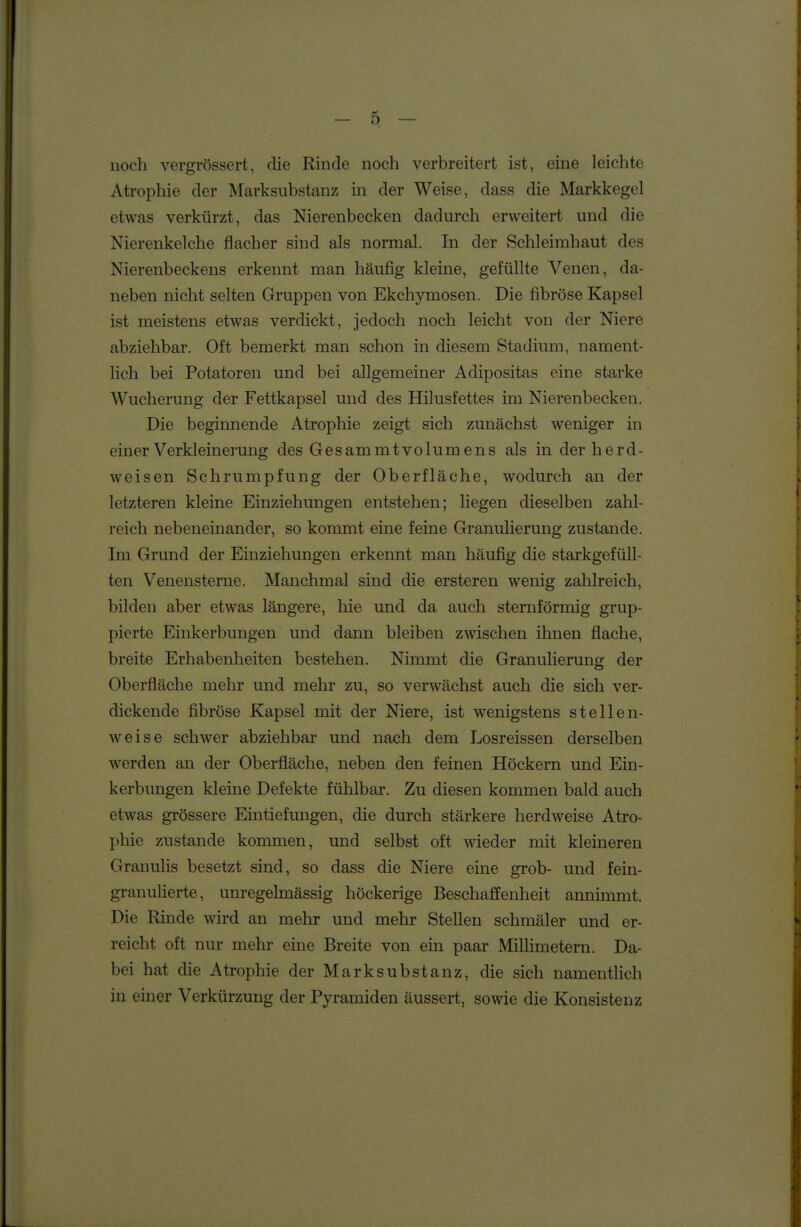 noch vergrössert, die Rinde noch verbreitert ist, eine leichte Atrophie der Marksiibstanz in der Weise, dass die Markkegel etwas verkürzt, das Nierenbecken dadurch erweitert und die Nierenkelche flacher sind als normal. In der Schleimhaut des Nierenbeckens erkennt man häufig kleine, gefüllte Venen, da- neben nicht selten Gruppen von Ekchymosen. Die fibröse Kapsel ist meistens etwas verdickt, jedoch noch leicht von der Niere abziehbar. Oft bemerkt man schon in diesem Stadium, nament- lich bei Potatoren und bei allgemeiner Adipositas eine starke Wucherung der Fettkapsel und des Hilusfettes im Nierenbecken. Die beginnende Atrophie zeigt sich zunächst weniger in einer Verkleinerung des Gesammtvolumens als in der herd- weisen Schrumpfung der Oberfläche, wodurch an der letzteren kleine Einziehungen entstehen; liegen dieselben zahl- reich nebeneinander, so kommt eine feine Granulierung zustande. Im Grund der Einziehungen erkennt man häufig die starkgefüll- ten Venensterne. Manchmal sind die ersteren wenig zahlreich, bilden aber etwas längere, hie imd da auch sternförmig grup- pierte Einkerbungen und dann bleiben zwischen ihnen flache, breite Erhabenheiten bestehen. Nimmt die Granulierung der Oberfläche mehr und mehr zu, so verwächst auch die sich ver- dickende fibröse Kapsel mit der Niere, ist wenigstens stellen- weise schwer abziehbar und nach dem Losreissen derselben werden an der Oberfläche, neben den feinen Höckern und Ein- kerbungen kleine Defekte fühlbar. Zu diesen kommen bald auch etwas grössere Eintiefungen, die durch stärkere herdweise Atro- phie zustande kommen, und selbst oft wieder mit kleineren Gran Ulis besetzt sind, so dass die Niere eine grob- und fein- granulierte, unregelmässig höckerige Beschaffenheit annimmt. Die Rinde wird an mehr und mehr Stellen schmäler und er- reicht oft nur mehr eine Breite von ein paar Millimetern. Da- bei hat die Atrophie der Mark Substanz, die sich namentlich in einer Verkürzung der Pyramiden äussert, sowie die Konsistenz