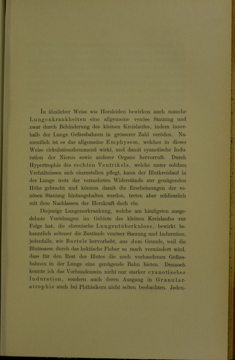 In ähnlicher Weise wie Herzleiden bewirken auch manche Lungenkrankheiten eine allgemeine venöse Stauung und zwar durch Behinderung des kleinen Kjreislaufes, indem inner- halb der Lunge Gefässbahnen in grösserer Zahl veröden. Na- mentlich ist es das allgemeine Emphysem, welches in dieser Weise cirkulationshemmend wirkt, und damit cyanotische Indu- ration der Nieren sowie anderer Organe hervorruft. Durch Hypertrophie des rechten Ventrikels, welche unter solchen Verhältnissen sich einzustellen pflegt, kann der Blutkreislauf in der Lunge trotz der vermehrten Widerstände zur genügenden Höhe gebracht und können damit die Erscheinungen der ve- nösen Stauung hintangehalten werden, treten aber schliesslich mit dem Nachlassen der Herzkraft doch ein. Diejenige Lungenerkrankung, welche am häufigsten ausge- delmte Verödungen im Gebiete des kleinen Kreislaufes zur Folge hat, die chronische Lungentuberkulose, bewirkt be- kanntlich seltener die Zustände venöser Stauung und Induration, jedenfalls, wie Bartels hervorhebt, aus dem Grunde, weil die Blutmasse durch das hektische Fieber so rasch vermindert wird, dass für den Rest des Blutes die noch vorhandenen Gefäss- bahnen in der Lunge eine genügende Bahn bieten. Dennoch konnte ich das Vorhandensein nicht nur starker cyano tisch er Induration, sondern auch deren Ausgang in Granular- atrophie auch bei Phthisikern nicht selten beobachten. Jeden-