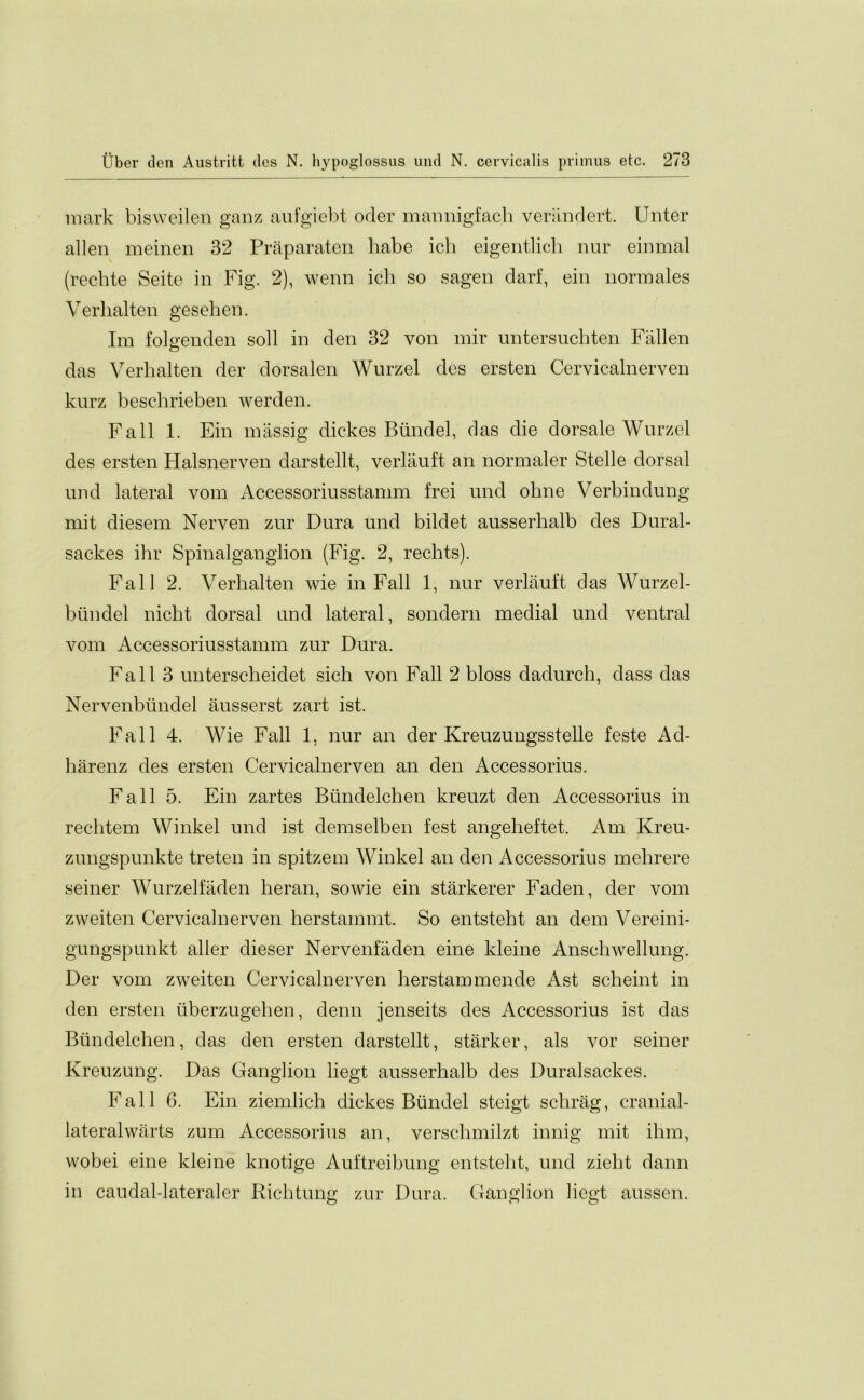 mark bisweilen ganz aufgiebt oder mannigfach verandert. Unter alien meinen 32 Praparaten babe ich eigentlich nur einmal (rechte Seite in Fig. 2), wenn ich so sagen darf, ein normales Verlialten gesehen. Im folgenden soil in den 32 von mir untersnchten Fallen das Verlialten der dorsalen Wurzel des ersten Cervicalnerven kurz beschrieben werden. Fall 1. Ein massig dickes Biindel, das die dorsale Wurzel des ersten Halsnerven darstellt, verlauft an normaler Stelle dorsal und lateral vom Accessoriusstamm frei und oline Verbindung mit diesem Nerven zur Dura und bildet ausserhalb des Dural- sackes ihr Spinalganglion (Fig. 2, rechts). Fall 2. Verkalten wie in Fall 1, nur verlauft das AVurzel- biindel nickt dorsal und lateral, sondern medial und ventral vom Accessoriusstamm zur Dura. Fall 3 unterscheidet sich von Fall 2 bloss dadurch, dass das Nervenbiindel ausserst zart ist. Fall 4. Wie Fall 1, nur an der Kreuzungsstelle feste Ad- harenz des ersten Cervicalnerven an den Accessorius. Fall 5. Ein zartes Biindelchen kreuzt den Accessorius in rechtem Winkel und ist demselben fest angeheftet. Am Kreu- zungspunkte treten in spitzem Winkel an den Accessorius mehrere seiner Wurzelfaden heran, sowie ein starkerer Faden, der vom zweiten Cervicalnerven herstammt. So entsteht an dem Vereini- gungspunkt aller dieser Nervenfaden eine kleine Anschwellung. Der vom zweiten Cervicalnerven herstammende Ast scheint in den ersten iiberzugehen, denn jenseits des Accessorius ist das Biindelchen, das den ersten darstellt, starker, als vor seiner Kreuzung. Das Ganglion liegt ausserhalb des Duralsackes. Fall 6. Ein ziemlich dickes Biindel steigt schrag, cranial- lateralwarts zum Accessorius an, verschmilzt innig mit ihm, wobei eine kleine knotige Auftreibung entsteht, und zielit dann in caudal-lateraler Richtung zur Dura. Ganglion liegt aussen.