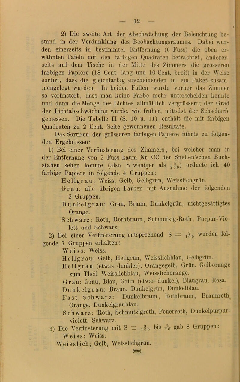 2) Die zweite Art der Abschwächung der Beleuchtung be- stand in der Verdunklung des Beobachtungsraunies. Dabei wur- den einerseits in bestimmter Entfernung (6 Fuss) die oben er- wähnten Tafeln mit den farbigen Quadraten betrachtet, anderer- seits auf dem Tische in der Mitte des Zimmers die grösseren farbigen Papiere (18 Cent, lang und 10 Cent, breit) in der Weise sortirt, dass die gleichfarbig erscheinenden in ein Paket zusam- mengelegt wurden. In beiden Fällen wurde vorher das Zimmer so verfinstert, dass man keine Farbe mehr unterscheiden konnte und dann die Menge des Lichtes allmählich vergrössert; der Grad der Lichtabschwächung wurde, wie früher, mittelst der Sehschärfe gemessen. Die Tabelle II (S. 10 u. 11) enthält die mit farbigen Quadraten zu 2 Cent. Seite gewonnenen Resultate. Das Sortiren der grösseren farbigen Papiere führte zu folgen- den Ergebnissen: 1) Bei einer Verfinsterung des Zimmers, bei welcher man in der Entfernung von 2 Fuss kaum Nr. CC der Snellen’schen Buch- staben sehen konnte (also S weniger als 2gö) ordnete ich 40 farbige Papiere in folgende 4 Gruppen: Hellgrau: Weiss, Gelb, Gelbgrün, Weisslichgrün. Grau: alle übrigen Farben mit Ausnahme der folgenden 2 Gruppen. Dunkelgrau: Grau, Braun, Dunkelgrün, nichtgesättigtes Orange. Schwarz: Roth, Rothbraun, Schmutzig-Roth, Purpur- Vio- lett und Schwarz. 2) Bei einer Verfinsterung entsprechend S = wurden fol- gende 7 Gruppen erhalten: Weiss: Weiss. Hellgrau: Gelb, Hellgrün, Weisslichblau, Gelbgrün. Hellgrau (etwas dunkler): Orangegelb, Grün, Gelborange zum Theil Weisslichblau, Weisslichorange. Grau: Grau, Blau, Grün (etwas dunkel), Blaugrau, Rosa. Dunkelgrau: Braun, Dunkelgrün, Dunkelblau. Fast Schwarz: Dunkelbraun, Rothbraun, Braunroth^ Orange, Dunkelgraublau. Schwarz: Roth, Schmutzigroth, Feuerroth, Dunkelpurpur- violett, Schwarz. 3) Die Verfinsterung mit S ~ roö bis T2(T gab 8 Gruppen: Weiss: Weiss. Weisslich; Gelb, Weisslichgrün. (890)