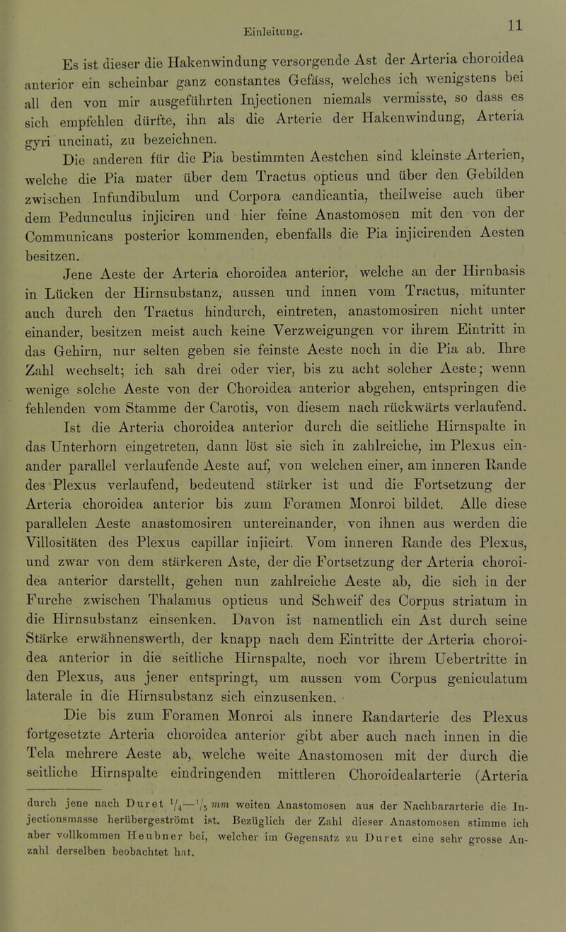 Es ist dieser die Hakenwindung versorgende Ast der Arteria choroidea anterior ein scheinbar ganz constantes Gefäss, welches ich wenigstens bei all den von mir ausgeführten Injectionen niemals vermisste, so dass es sich empfehlen dürfte, ihn als die Arterie der Hakenwindung, Arteria gyri uncinati, zu bezeichnen. Die anderen für die Pia bestimmten Aestchen sind kleinste Arterien, welche die Pia mater über dem Tractus opticus und über den Gebilden zwischen Infundibulum und Corpora candicantia, theilweise auch über dem Pedunculus injiciren und hier feine Anastomosen mit den von der Communicans posterior kommenden, ebenfalls die Pia injicirenden Aesten besitzen. Jene Aeste der Arteria choroidea anterior, welche an der Hirnbasis in Lücken der Hirnsubstanz, aussen und innen vom Tractus, mitunter auch durch den Tractus hindurch, eintreten, anastomosiren nicht unter einander, besitzen meist auch keine Verzweigungen vor ihrem Eintritt in das Gehirn, nur selten geben sie feinste Aeste noch in die Pia ab. Ihre Zahl wechselt; ich sah drei oder vier, bis zu acht solcher Aeste; wenn wenige solche Aeste von der Choroidea anterior abgehen, entspringen die fehlenden vom Stamme der Carotis, von diesem nach rückwärts verlaufend. Ist die Arteria choroidea anterior durch die seitliche Hirnspalte in das Unterhorn eingetreten, dann löst sie sich in zahlreiche, im Plexus ein- ander parallel verlaufende Aeste auf, von welchen einer, am inneren Rande des Plexus verlaufend, bedeutend stärker ist und die Fortsetzung der Arteria choroidea anterior bis zum Foramen Monroi bildet. Alle diese parallelen Aeste anastomosiren untereinander, von ihnen aus werden die Villositäten des Plexus capillar injicirt. Vom inneren Rande des Plexus, und zwar von dem stärkeren Aste, der die Fortsetzung der Arteria choroi- dea anterior darstellt, gehen nun zahlreiche Aeste ab, die sich in der Furche zwischen Thalamus opticus und Schweif des Corpus striatum in die Hirnsubstanz einsenken. Davon ist namentlich ein Ast durch seine Stärke erwähnenswerth, der knapp nach dem Eintritte der Arteria choroi- dea anterior in die seitliche Hirnspalte, noch vor ihrem Uebertritte in den Plexus, aus jener entspringt, um aussen vom Corpus geniculatum laterale in die Hirnsubstanz sich einzusenken. Die bis zum Foramen Monroi als innere Randarterie des Plexus fortgesetzte Arteria choroidea anterior gibt aber auch nach innen in die Tela mehrere Aeste ab, welche weite Anastomosen mit der durch die seithche Hirnspalte eindringenden mittleren Choroidealarterie (Arteria durch jene nach Duret 1/4—'/sweiten Anastomosen aus der Nachbararterie die In- jectionsmasse herübergeströmt ist. Bezüglich der Zahl dieser Anastomosen stimme ich aber vollkommen Heubner bei, welcher im Gegensatz zu Duret eine sehr grosse An- zahl derselben beobachtet hat.