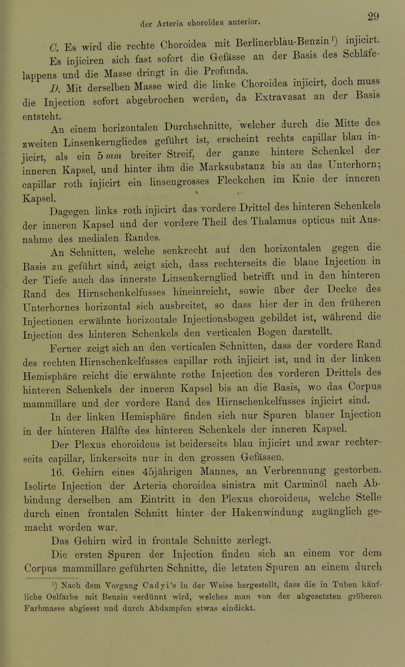 der Arteria choroidea anterior. C Es wird die rechte Choroidea mit BerUnerbläu-Benzin >) injicirt. Es iDjiciren sich fast sofort die Gefässe an der Basis des Schläfe- lappens und die Masse dringt in die Profunda. _ _ D Mit derselben Masse wird die linke Choroidea injicirt, doch muss die Injection sofort abgebrochen werden, da Extravasat an der Basis entsteht. , An einem horizontalen Durchschnitte, welcher durch die Mitte des zweiten Linsenkerngliedes geführt ist, erscheint rechts capiUar blau in- jicirt als ein 5 mm breiter Streif, der ganze hintere Schenkel der inneren Kapsel, und hinter ihm die Marksubstanz bis an das Unterhorn; capillar roth injicirt ein Unsengrosses Fleckchen im Knie der inneren ^^^ Dagegen links roth injicirt das vordere Drittel des hinteren Schenkels der inneren Kapsel und der vordere Theil des Thalamus opticus mit Aus- nahme des medialen Landes. An Schnitten, welche senkrecht auf den horizontalen gegen die Basis zu geführt sind, zeigt sich, dass rechterseits die blaue Injection in der Tiefe auch das innerste Linsenkernglied betrifft und in den hinteren Band des Hirnschenkelfusses hineinreicht, sowie über der Decke des Unterhornes horizontal sich ausbreitet, so dass hier der in den früheren Injectionen erwähnte horizontale Injectionsbogen gebildet ist, während die Injection des hinteren Schenkels den verticalen Bogen darstellt. Ferner zeigt sich an den verticalen Schnitten, dass der vordere Rand des rechten Hirnschenkelfusses capillar roth injicirt ist, und in der linken Hemisphäre reicht die erwähnte rothe Injection des vorderen Drittels des hinteren Schenkels der inneren Kapsel bis an die Basis, wo das Corpus mammillare und der vordere Rand des Hirnschenkelfusses injicirt sind. In der linken Hemisphäre finden sich nur Spuren blauer Injection in der hinteren Hälfte des hinteren Schenkels der inneren Kapsel. Der Plexus choroideus ist beiderseits blau injicirt und zwar rechter- seits capillar, linkerseits nur in den grossen Gefässen. 16. Gehirn eines 45jährigen Mannes, an Verbrennung gestorben. Isolirte Injection der Arteria choroidea sinistra mit Carminöl nach Ab- bindung derselben am Eintritt in den Plexus choroideus, welche Stelle durch einen frontalen Schnitt hinter der Hakenwindung zugänglich ge- macht worden war. Das Gehirn wird in frontale Schnitte zerlegt. Die ersten Spuren der Injection finden sich an einem vor dem Corpus mammillare geführten Schnitte, die letzten Spuren an einem durch ') Nach dem Vorgang Cadyi's in der Weise hergestellt, dass die in Tuben käuf- liche Oelfarbe mit Benzin verdünnt wird, welches man von der abgesetzten gröberen Farbmasse abgiesst und durch Abdampfen etwas eindickt.