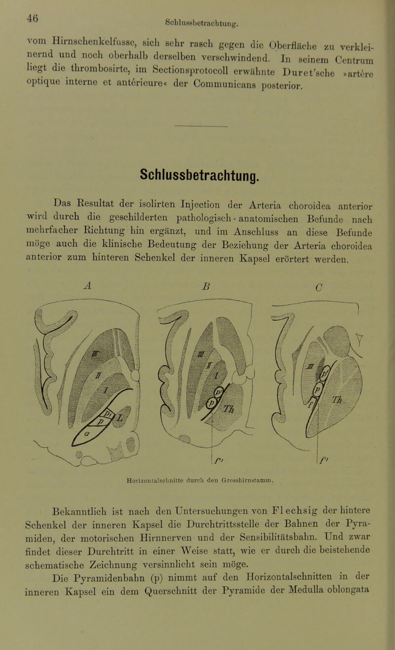  Schlussbetrachtung. vom Hirnschenkelfusse, sich sehr rasch gegen die Oberfläche zu verklei- nernd und noch oberhalb derselben verschwindend. In seinem Centrum liegt die thrombosirte, im Sectionsprotocoll erwähnte Duret'sche »artcre optique interne et ant6rieure« der Communicans posterior. Schlussbetrachtung. Das Resultat der isolirten Injection der Arteria choroidea anterior wird durch die geschilderten pathologisch - anatomischen Befunde nach mehrfacher Richtung hin ergänzt, und im Anschluss an diese Befunde möge auch die khnische Bedeutung der Beziehung der Arteria choroidea anterior zum hinteren Schenkel der inneren Kapsel erörtert werden. ABC Horizoiiialsclmitte durch den Grosshirnstamm. Bekanntlich ist nach den Untersuchungen von Fl echsig der hintere Schenkel der inneren Kapsel die Durchtrittsstelle der Bahnen der Pyra- miden, der motorischen Hirnnerven und der Sensibilitätsbahn. Und zwar findet dieser Durchtritt in einer Weise statt, wie er durch die beistehende schematische Zeichnung versinnlicht sein möge. Die Pyramidenbahn (p) nimmt auf den Horizontalschnitten in der inneren Kapsel ein dem Querschnitt der Pyramide der MeduUa oblongata