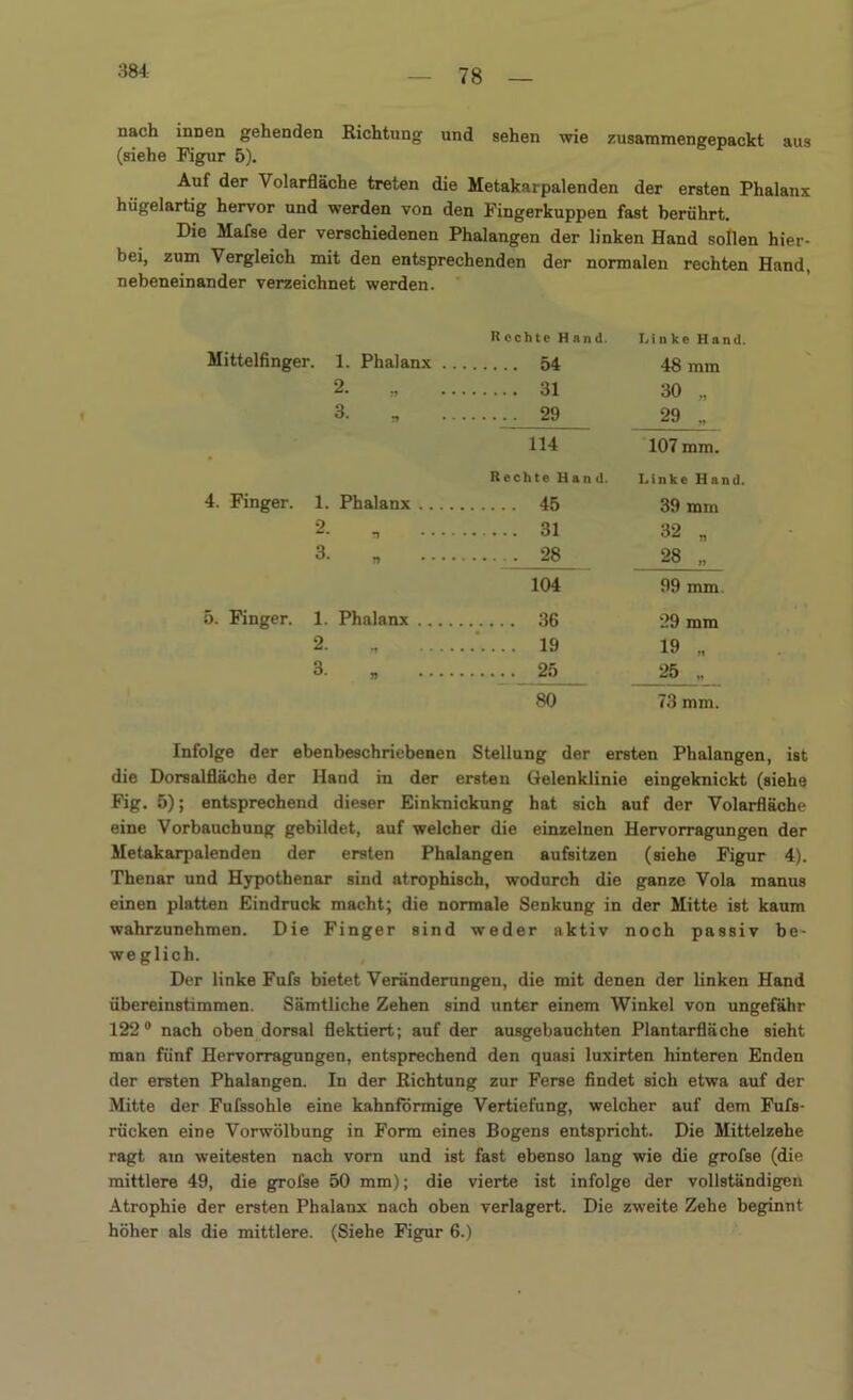 384: nach innen gehenden Richtung und sehen wie zusammengepackt aus (siehe Figur 5). Auf der Volarfläche treten die Metakarpalenden der ersten Phalanx hügelartig hervor und werden von den Fingerkuppen fast berührt. Die Mafse der verschiedenen Phalangen der linken Hand sollen hier- bei, zum Vergleich mit den entsprechenden der normalen rechten Hand, nebeneinander verzeichnet werden. Kochte Hand. Linke Hand. Mittelfinger. 1. Phalanx . 48 mm 2. „ .. 31 30 „ 3. „ . 29 29 ., 114 107 mm. Rechte Hand. Linke Hand. 4. Finger. 1. Phalanx .. . . 45 39 mm 2. , .... 31 32 „ 3. „ .... 28 28 „ 104 99 mm 5. Finger. 1. Phalanx . .. . 36 29 mm 2 19 19 „ 3- * .. • • 25 25 „ 80 73 mm. Infolge der ebenbeschriebenen Stellung der ersten Phalangen, ist die Dorsalfläche der Hand in der ersten Gelenklinie eingeknickt (siehe Fig. 5); entsprechend dieser Einknickung hat sich auf der Volarfläche eine Vorbauchung gebildet, auf welcher die einzelnen Hervorragungen der Metakarpalenden der ersten Phalangen aufsitzen (siehe Figur 4). Thenar und Hypothenar sind atrophisch, wodurch die ganze Vola manus einen platten Eindruck macht; die normale Senkung in der Mitte ist kaum wahrzunehmen. Die Finger sind weder aktiv noch passiv be- weglich. Der linke Fufs bietet Veränderungen, die mit denen der linken Hand übereinstimmen. Sämtliche Zehen sind unter einem Winkel von ungefähr 122° nach oben dorsal flektiert; auf der ausgebauchten Plantarfläche sieht man fünf Hervorragungen, entsprechend den quasi luxirten hinteren Enden der ersten Phalangen. In der Richtung zur Ferse findet sich etwa auf der Mitte der Fufssohle eine kahnformige Vertiefung, welcher auf dem Fufs- rücken eine Vorwölbung in Form eines Bogens entspricht. Die Mittelzehe ragt ain weitesten nach vorn und ist fast ebenso lang wie die grofse (die mittlere 49, die grofse 50 mm); die vierte ist infolge der vollständigen Atrophie der ersten Phalanx nach oben verlagert. Die zweite Zehe beginnt höher als die mittlere. (Siehe Figur 6.)