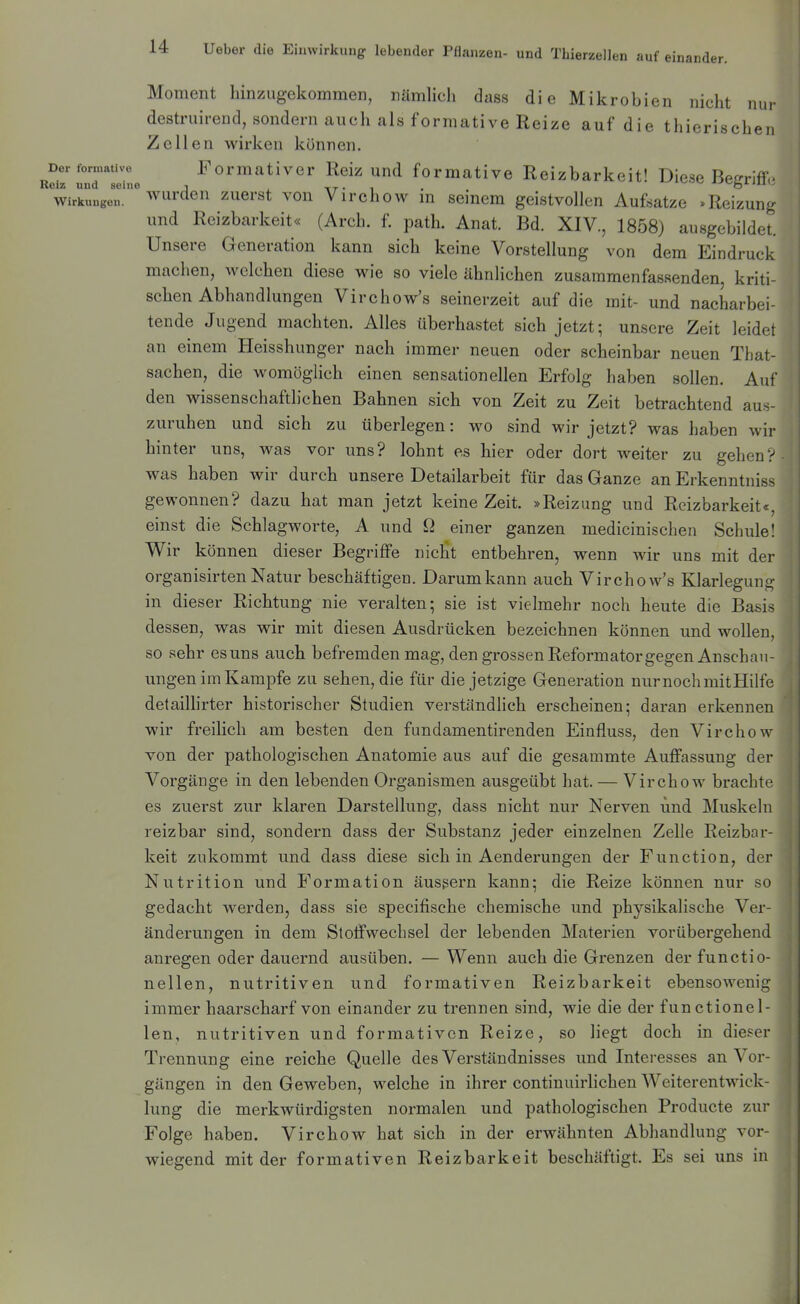 nur Moment liinzugekommen, nämlich dass die Mikrobien nicht destruirend, sondern auch als formative Reize auf die thierischen Zellen wirken können. Derfonnative Formativcr Rciz Und formative Reizbarkeit! Diese Beerifi',. Reiz und seine j ^ tt- i • -»-»^^^iiii' Wirkungen, wurdcu zucrst vou Virchow m seinem geistvollen Aufsatze »Reizung und Reizbarkeit« (Arch. f. path. Anat. Bd. XIV., 1858) ausgebildet. Unsere Generation kann sich keine Vorstellung von dem Eindruck machen, welchen diese wne so viele ähnlichen zusammenfassenden, kriti- schen Abhandlungen Virchow's seinerzeit auf die mit- und nacharbei- tende Jugend machten. Alles überhastet sich jetzt; unsere Zeit leidet an einem Heisshunger nach immer neuen oder scheinbar neuen That- sachen, die womöglich einen sensationellen Erfolg haben sollen. Aid' den wissenschaftlichen Bahnen sich von Zeit zu Zeit betrachtend aus- zuruhen und sich zu überlegen: wo sind wir jetzt? was haben wir hinter uns, was vor uns? lohnt es hier oder dort weiter zu gehen? was haben wir durch unsere Detailarbeit für das Ganze an Erkenntniss gewonnen? dazu hat man jetzt keine Zeit. »Reizung und Reizbarkeit«, einst die Schlagworte, A und ß einer ganzen medicinischen Schule! Wir können dieser Begriffe nicht entbehren, wenn wir uns mit der organisirten Natur beschäftigen. Darumkann auch Virchow's Klarlegun? in dieser Richtung nie veralten; sie ist vielmehr noch heute die Basis dessen, was wir mit diesen Ausdrücken bezeichnen können und wollen, so sehr es uns auch befremden mag, dengrossenReformatorgegen Anschau- ungen im Kampfe zu sehen, die für die jetzige Generation nur noch mitHilfe delailhrter historischer Studien verständlich erscheinen; daran erlvennen wir freilich am besten den fundamentirenden Einfluss, den Virchow von der pathologischen Anatomie aus auf die gesammte Auffassung der Vorgänge in den lebenden Organismen ausgeübt hat. — Virchow^ brachte es zuerst zur klaren Darstellung, dass nicht nur Nerven und Muskeln reizbar sind, sondern dass der Substanz jeder einzelnen Zelle Reizbar- keit zukommt und dass diese sich in Aenderungen der Function, der Nutrition und Formation äusgern kann; die Reize können nur so gedacht werden, dass sie specifische chemische und physikalische Ver- änderungen in dem Stoffwechsel der lebenden Materien vorübergehend anregen oder dauernd ausüben. — Wenn auch die Grenzen der functio- nellen, nutritiven und formativen Reizbarkeit ebensowenig immer haarscharf von einander zu trennen sind, wie die der functionel- len, nutritiven und formativen Reize, so liegt doch in dieser Trennung eine reiche Quelle des Verständnisses und Interesses an Vor- gängen in den Geweben, welche in ihrer continuirlichen Weiterentwick- lung die merkwürdigsten normalen und pathologischen Producte zur Folge haben. Virchow hat sich in der erwähnten Abhandlung vor- wiegend mit der formativen Reizbarkeit beschäftigt. Es sei uns in