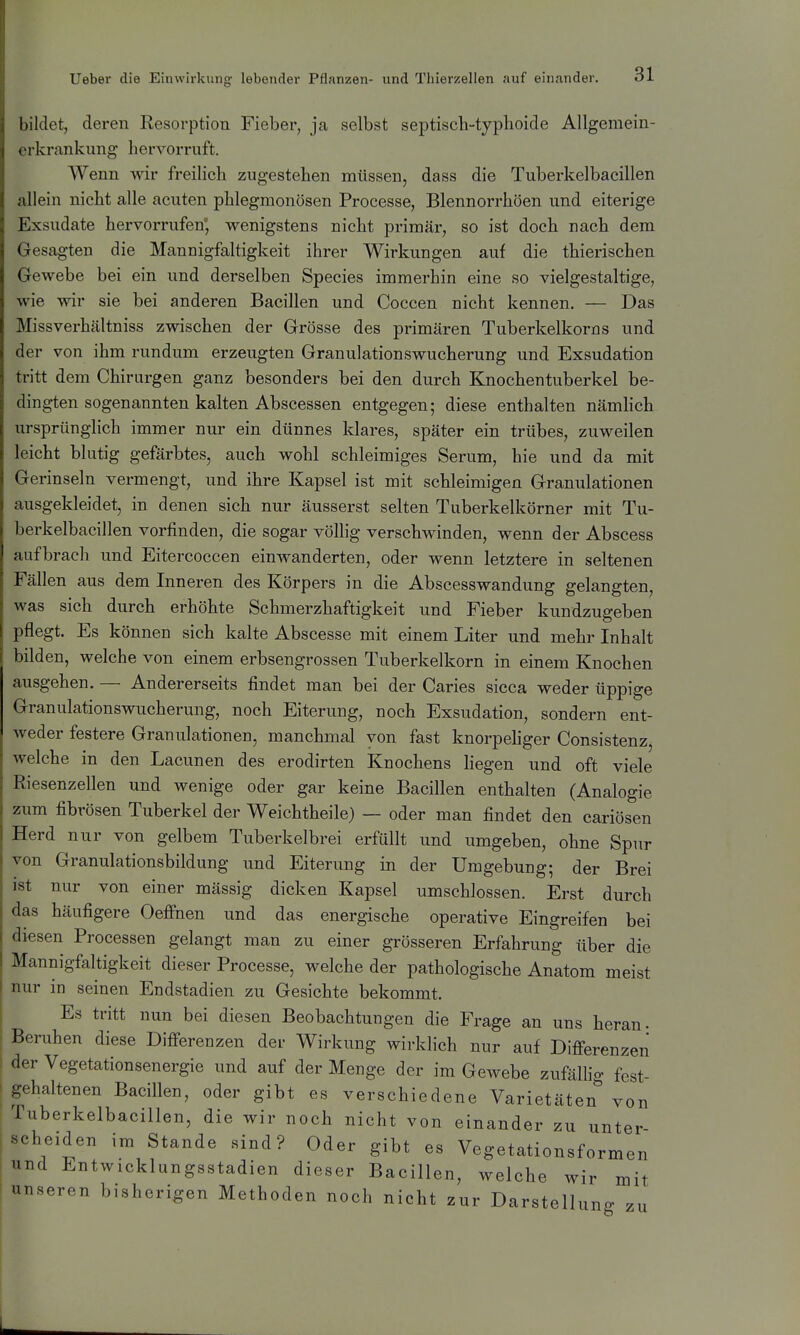 bildet, deren Resorption Fieber, ja selbst septisch-typhoide Allgemein- 1 rkrankung hervorruft. Wenn wir freilich zugestehen müssen, dass die Tuberkelbacillen allein nicht alle acuten phlegmonösen Processe, Blennorrhöen und eiterige Exsudate hervorrufen wenigstens nicht primär, so ist doch nach dem Gesagten die Mannigfaltigkeit ihrer Wirkungen auf die thierischen Gewebe bei ein und derselben Speeles immerhin eine so vielgestaltige, wie wir sie bei anderen Bacillen und Coccen nicht kennen. — Das Missverhältniss zwischen der Grösse des primären Tuberkelkoras und der von ihm rundum erzeugten Granulationswucherung und Exsudation tritt dem Chirurgen ganz besonders bei den durch Knochentuberkel be- dingten sogenannten kalten Abscessen entgegen; diese enthalten nämhch ursprünglich immer nur ein dünnes klares, später ein trübes, zuweilen leicht blutig gefärbtes, auch wohl schleimiges Serum, hie und da mit Gerinseln vermengt, und ihre Kapsel ist mit schleimigen Granulationen ausgekleidet, in denen sich nur äusserst selten Tuberkelkörner mit Tu- berkelbacillen vorfinden, die sogar völlig verschwinden, wenn der Abscess aufbrach und Eitercoccen einwanderten, oder wenn letztere in seltenen Fällen aus dem Inneren des Körpers in die Abscesswandung gelangten, was sich durch erhöhte Schmerzhaftigkeit und Fieber kundzugeben pflegt. Es können sich kalte Abscesse mit einem Liter und mehr Inhalt bilden, welche von einem erbsengrossen Tuberkelkorn in einem Knochen ausgehen. — Andererseits findet man bei der Caries sicca weder üppige Granulationswucherung, noch Eiterung, noch Exsudation, sondern ent- weder festere Granulationen, manchmal von fast knorpehger ConsistenZj welche in den Lacunen des erodirten Knochens liegen und oft viele Riesenzellen und wenige oder gar keine Bacillen enthalten (Analogie zum fibrösen Tuberkel der Weichtheile) — oder man findet den cariösen Herd nur von gelbem Tuberkelbrei erfüllt und umgeben, ohne Spur von Granulationsbildung und Eiterung in der Umgebung; der Brei ist nur von einer mässig dicken Kapsel umschlossen. Erst durch das häufigere Oeffnen und das energische operative Eingreifen bei diesen Processen gelangt man zu einer grösseren Erfahrung über die Mannigfaltigkeit dieser Processe, welche der pathologische Anatom meist nur in seinen Endstadien zu Gesichte bekommt. Es tritt nun bei diesen Beobachtungen die Frage an uns heran- Beruhen diese Difi^erenzen der Wirkung wirklich nur auf Difi-erenzen der Vegetationsenergie und auf der Menge der im Gewebe zufällig fest- gehaltenen Bacillen, oder gibt es verschiedene Varietäten von Tuberkelbacillen, die wir noch nicht von einander zu unter scheiden im Stande sind? Oder gibt es Vegetationsformen und Entwicklungsstadien dieser Bacillen, welche wir mit unseren bisherigen Methoden noch nicht zur Darstellung zu