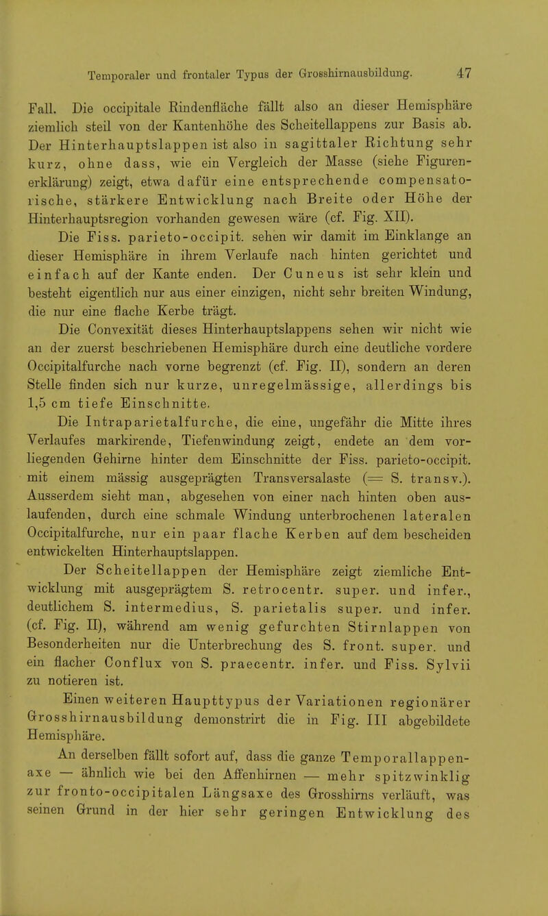 Fall. Die occipitale Rindenfläche fällt also an dieser Hemisphäre ziemlich steil von der Kantenhöhe des Scheitellappens zur Basis ab. Der Hinterhauptslappen ist also in sagittaler Richtung sehr kurz, ohne dass, wie ein Vergleich der Masse (siehe Figuren- erklärung) zeigt, etwa dafür eine entsprechende compensato- rische, stärkere Entwicklung nach Breite oder Höhe der Hinterhauptsregion vorhanden gewesen wäre (cf. Fig. XII). Die Fiss. parieto-occipit. sehen wir damit im Einklänge an dieser Hemisphäre in ihrem Verlaufe nach hinten gerichtet und einfach auf der Kante enden. Der C u n e u s ist sehr klein und besteht eigentlich nur aus einer einzigen, nicht sehr breiten Windung, die nur eine flache Kerbe trägt. Die Convexität dieses Hinterhauptslappens sehen wir nicht wie an der zuerst beschriebenen Hemisphäre durch eine deutliche vordere Occipitalfurche nach vorne begrenzt (cf. Fig. II), sondern an deren Stelle finden sich nur kurze, unregelmässige, allerdings bis 1,5 cm tiefe Einschnitte. Die Intraparietalfurche, die eine, ungefähr die Mitte ihres Verlaufes markirende, Tiefenwindung zeigt, endete an dem vor- liegenden Gehirne hinter dem Einschnitte der Fiss. parieto-occipit. mit einem mässig ausgeprägten Transversalaste (= S. transv.). Ausserdem sieht man, abgesehen von einer nach hinten oben aus- laufenden, durch eine schmale Windung unterbrochenen lateralen Occipitalfurche, nur ein paar flache Kerben auf dem bescheiden entwickelten Hinterhauptslappen. Der Scheitellappen der Hemisphäre zeigt ziemliche Ent- wicklung mit ausgeprägtem S. retrocentr. super, und infer., deutlichem S. intermedius, S. parietalis super, und infer. (cf. Fig. II), während am wenig gefurchten Stirnlappen von Besonderheiten nur die Unterbrechung des S. front, super, und ein flacher Conflux von S. praecentr. infer. und Fiss. Sylvii zu notieren ist. Einen weiteren Haupttypus der Variationen regionärer Grosshirnausbildung demonstrirt die in Fig. III abgebildete Hemisphäre. An derselben fällt sofort auf, dass die ganze Temporallappen- axe — ähnlich wie bei den Affenhirnen — mehr spitzwinklig zur fronto-occipitalen Längsaxe des Grosshirns verläuft, was seinen Grund in der hier sehr geringen Entwicklung des