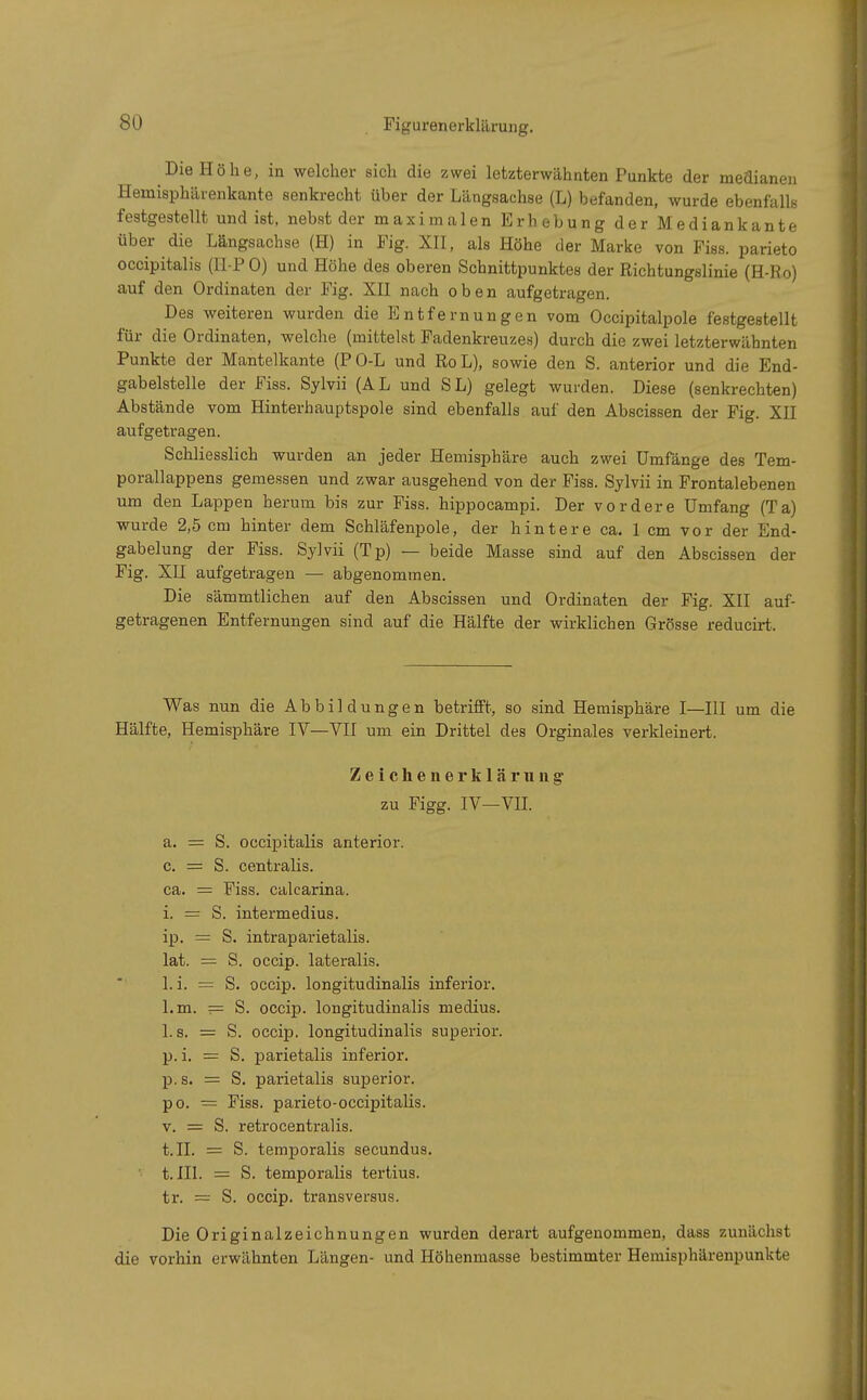 Die Höhe, in welcher sich die zwei letzterwähnten Punkte der medianen Hemisphärenkante senkrecht üher der Längsachse (L) befanden, wurde ebenfalls festgestellt und ist, nebst der maximalen Erhebung der Mediankante über die Längsachse (H) in Fig. XII, als Höhe der Marke von Fiss. parieto occipitalis (II P 0) und Höhe des oberen Schnittpunktes der Richtungslinie (H-Ro) auf den Ordinaten der Fig. XII nach oben aufgetragen. Des weiteren wurden die Entfernungen vom Occipitalpole festgestellt für die Ordinaten, welche (mittelst Fadenkreuzes) durch die zwei letzterwähnten Punkte der Mantelkante (PO-L und RoL), sowie den S. anterior und die End- gabelstelle der Fiss. Sylvii (AL und SL) gelegt wurden. Diese (senkrechten) Abstände vom Hinterhauptspole sind ebenfalls auf den Abscissen der Fig. XII aufgetragen. Schliesslich wurden an jeder Hemisphäre auch zwei Umfange des Tem- porallappens gemessen und zwar ausgehend von der Fiss. Sylvii in Frontalebenen um den Lappen herum bis zur Fiss. hippocampi. Der vordere Umfang (Ta) wurde 2,5 cm hinter dem Schläfenpole, der hintere ca. 1 cm vor der End- gabelung der Fiss. Sylvii (Tp) — beide Masse sind auf den Abscissen der Fig. XII aufgetragen — abgenommen. Die sämmtlichen auf den Abscissen und Ordinaten der Fig. XII auf- getragenen Entfernungen sind auf die Hälfte der wirklichen Grösse reducirt, Was nun die Abbildungen betrifft, so sind Hemisphäre I—III um die Hälfte, Hemisphäre IV—VII um ein Drittel des Orginales verkleinert. Zeichenerklärung zu Figg. IV—VII. a. = S. occipitalis anterior. c. = S. centralis. ca. = Fiss. calcarina. i. = S. intermedius. ip. = S. intraparietalis. lat. = S. occip. lateralis. Li. = S. occip. longitudinalis inferior. l.m. = S. occip. longitudinalis medius. 1. s. = S. occip. longitudinalis superior. p.i. = S. parietalis inferior. p. s. = S. parietalis superior. po. = Fiss. parieto-occipitalis. v. = S. retrocentralis. t. II. = S. temporalis secundus. t. III. = S. temporalis tertius. tr. = S. occip. transversus. Die Originalzeichnungen wurden derart aufgenommen, dass zunächst die vorhin erwähnten Längen- und Höhenmasse bestimmter Hemisphärenpunkte