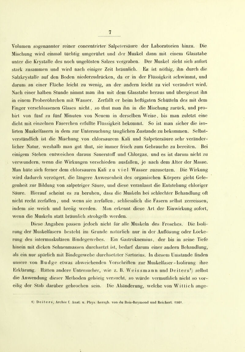 Volumen sogenannter reiner concentrirter Salpelersäure der Laboratorien hinzu. Die Mischung wird einmal tüchtig umgerührt und dor Muskel dann mit einem Glasstabe unter die Krystalie des noch ungelösten Salzes vergraben. Der Muskel zieht sich sofort stark zusammen und wird nach einiger Zeit bräunlich. Es ist nöthig, ihn durch die Salzkrystalle auf den Boden niederzudrücken, da er in der Flüssigkeit schwimmt, und darum an einer Flache leicht zu wenig, an der andern leicht zu viel verändert wird. Nach einer halben Stunde nimmt man ihn mit dem Glasstabe heraus und übergiesst ihn in einem Proberöhrchen mit Wasser. Zerfällt er beim heftigsten Schütteln des mit dem Finger verschlossenen Glases nicht, so thut man ihn in die Mischung zurück, und pro- birt von fünf zu fünf Minuten von Neuem in derselben Weise, bis man zuletzt eine dicht mit einzelnen Fäserchen erfüllte Flüssigkeit bekommt. So ist man sicher die iso- lirten Muskelfasern in dem zur Untersuchung tauglichen Zustande zu bekommen. Selbst- verständlich ist die Mischung von chlorsaurem Kali und Salpetersäure sehr veränder- licher Natur, weshalb man gut thut, sie immer frisch zum Gebrauche zu bereiten. Bei einigem Stehen entweichen daraus Sauerstoff und Chlorgas, und es ist darum nicht zu verwundern, wenn die Wirkungen verschieden ausfallen, je nach dem Alter der Masse. Man hüte sich ferner dem chlorsauren Kali zu viel Wasser zuzusetzen. Die Wirkung wird dadurch verzögert, die längere Anwesenheit des organischen Körpers giebt Gele- genheit zur Bildung von salpetriger Säure, und diese veranlasst die Entstehung chloriger Säure. Hierauf scheint es zu beruhen, dass die Muskeln bei schlechter Behandlung oft nicht recht zerfallen, und wenn sie zerfallen, schliesslich die Fasern selbst zerreissen, indem sie weich und breiig werden. Man erkennt diese Art der Einwirkung sofort, wenn die Muskeln statt bräunlich strohgelb werden. Diese Angaben passen jedoch nicht für alle Muskeln des Frosches. Die Isoli- rung der Muskelfasern besteht im Grunde natürlich nur in doi- Auflösung oder Locke- rung des intermuskulären Bindegewebes. Ein Gastroknemius, der bis in seine Tiefe hinein mit dicken Sehnenmassen durchsetzt ist, bedarf darum einer andern Behandlung, als ein nur spärlich mit Bindegewebe durchsetzter Sartorius. In diesen) Umstände finden unsere von Budge etwas abweichenden Vorschriften zur Muskelfasei'-Isolirung ihre Erklärung. HäUen andere Untersuchei-, wie z. B. Weissmann und Deiters') selbst die Anwendung dieser Melhoden gehcirig versucht, so würde vermuthlich nicht so vor- eilig der Stab darüber gebrochen sein. Die Abänderung, welche von Witlich ange-