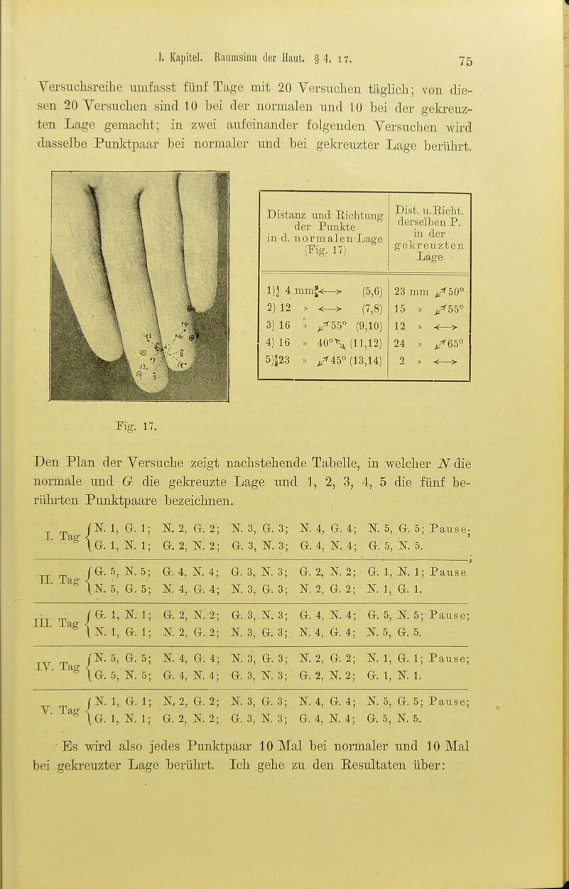 Versuchsreihe umfasst fünf Tage mit 20 Versuchen täghch; von die- sen 20 Versuchen sind 10 bei der normalen und 10 bei der gekreuz- ten Lage gemacht; in zwei aufeinander folgenden Versuchen Avird dasselbe Punktpaar bei normaler und bei gela-euzter Lage berührt. Distanz und liiclatung der Punlite in d. normalen Lage (Fig. 17) Di st. u.E,icht. derselben P. in der gekreuzten Lage 1) 3 4 mmj<—> (5,6) 2) 12 . ^> (7,8) 3) 16 ■> t/fbb (9,10) 4) 16 » 40°\ (11,12) 5) J23 ;/-^45° (13,14) 23 mm ^^''50° 15 » jyfbb 12 » .<r—> 24 . p^Qb 2 ■> Fig. 17. Den Plan der Versuche zeigt nachstehende Tabelle, in welcher N die normale und G die gekreuzte Lage und 1, 2, 3, 4, 5 die fünf be- rührten Punktpaare bezeichnen. I. Tag rN. 1 \G.l Gr. 1 N. 1 K 2, G. 2 G. 2, 2 N. 3, G. 3 G. 3, N. 3 K 4, G. 4 G. 4, N. 4 N. 5, G. 5; Pause- G. 5, K 5. II. Taff |G. N. 5 G. 5 G. 4, N. 4 N. 4, G. 4 G. 3, N. 3 N. 3, G. 3 G. 2, N. 2 K 2, G. 2 G. 1, N. 1; Pause N. 1, G. 1. m. Tag JG. 1 \N. 1 N. 1 G. 1 G. 2, N. 2 N. 2, G. 2 G. 3, .N. 3 N. 3, G. 3 G. 4, N. 4 N. 4, G. 4 G. 5, N. 5; Pause; N. 5, G. 5. IV. Tarr \G. N. 5 5 G. 5 ?r. 5 N. 4, G. 4 G. 4, N. 4 N. 3, G. 3 G. 3, K 3 N. 2, G. 2 G. 2, K 2 N. 1, Gl; Pause; G. 1, K 1. fN. 1 G. 1 N. 1 K 2, G. 2 G. 2, N. 2 N. 3, G. 3 G. 3, N. 3 N. 4, G. 4 G. 4, K 4 N. 5, G. 5; Pause; G. 5, N. 5. Es wird also jedes Punktpaar 10 Mal bei normaler und 10 Mal bei gekreuzter Lage berührt. Ich gehe zu den Eesultaten über: