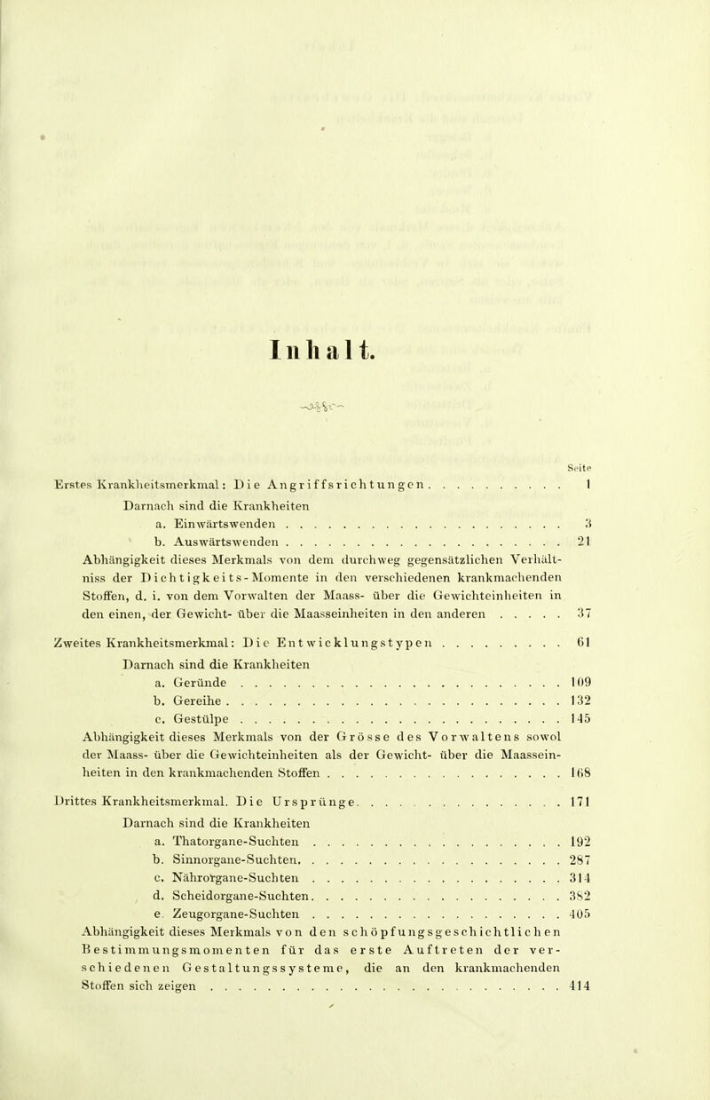 Inhalt. Seite Erstes Kranklieitsmeikmal: Die Angr if f svich t un gcn 1 Darnach sind die Krankheiten a. Einwärtswenden 3 b. Auswärtswenden 21 Abhängigkeit dieses Merkmals von dem durchweg gegensätzlichen Verhält- niss der Dichtigkeit»-Momente in den verschiedenen ki-ankmachenden Stoffen, d. i. von dem Vorwalten der Maass- über die Gewichteinheiten in den einen, der Gewicht- über die Maai^seinheiten in den anderen 37 Zweites Krankheitsmerkmal: D i c En t wie kl ungst yp e n 61 Darnach sind die Krankheiten a. Geründe 109 b. Gereihe 132 c. Gestülpe 145 Abhängigkeit dieses Merkmals von der Grösse des Vorwaltens sowol der Maass- über die Gewichteinheiten als der Gewicht- über die Maassein- heiten in den krankmachenden Stoffen lH8 Drittes Krankheitsmerkmal. Die Ursprünge 171 Darnach sind die Krankheiten a. Thatorgane-Suchten 192 b. Sinnorgane-Suchten 287 c. Nährorgane-Suchten 314 d. Scheidorgane-Suchten 3S2 e. Zeugorgane-Suchten 4ü5 Abhängigkeit dieses Merkmals von den schopfungsgeschichtlichen Bestimmungsraomenten für das erste Auftreten der ver- schiedenen GestaltungsSysteme, die an den krankmachenden Stoffen sich zeigen 414
