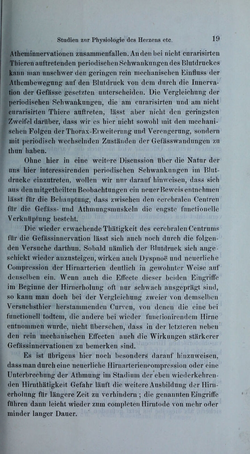 Atheminnervationen zusammenfallen. Anden bei nicht curarisirten Thieren auftretenden periodischen Schwankungen des Blutdruckes kann man unschwer den geringen rein mechanischen Einfluss der Athembewegung auf den Blutdruck von dem durch die Innerva- tion der Gefässe gesetzten unterscheiden. Die Vergleichung der periodischen Schwankungen, die am curarisirten und am nicht curarisirten Tliiere auftreten, lässt aber nicht den geringsten Zweifel darüber, dass wir es hier nicht sowohl mit den mechani- schen Folgen der Thorax-Erweiterung und Verengerung, sondern mit periodisch wechselnden Zuständen der Gefässwandungen zu tliun haben. Ohne hier in eine weitere Discussion Uber die Natur der uns hier interessirenden periodischen Schwankungen im Blut- drücke einzutreten, wollen wir nur darauf hinweisen, dass sich aus denmitgetheilten Beobachtungen ein neuerBeweis entnehmen lässt für die Behauptung, dass zwischen den cerebralen Centren für die Gefäss- und Athmungsmuskeln die engste functioneile Verknüpfung besteht. Die wieder erwachende Thätigkeit des cerebralen Centrums für die Gefässinnervation lässt sich auch noch durch die folgen- den Versuche darthun. Sobald nämlich der Blutdruck sich ange- schickt wieder anzusteigen, wirken auch Dyspnoe und neuerliche Compression der Hirnarterien deutlich in gewohnter Weise auf denselben ein. Wenn auch die Effecte dieser beiden Eingriffe im Beginne der Hirnerholung oft nur schwach ausgeprägt sind, so kann man doch bei der Vergleichung zweier von demselben Versuchsthier herstammenden Curven, von denen die eine bei functionell todtem, die andere bei wieder functionirendem Hirne entnommen wurde, nicht übersehen, dass in der letzteren neben den rein mechanischen Effecten auch die Wirkungen stärkerer Gefässinnervationen zu bemerken sind. Es ist übrigens hier noch besonders darauf hinzuweisen, dass man durch eine neuerliche Hirnarterienoompression oder eine Unterbrechung der Athmung im Stadium der eben wiederkehren- den Hirnthätigkeit Gefahr läuft die weitere Ausbildung der Hirn- erholung für längere Zeit zu verhindern ; die genannten Eingriffe führen dann leicht wieder zum completen Hirntode von mehr oder minder langer Dauer.