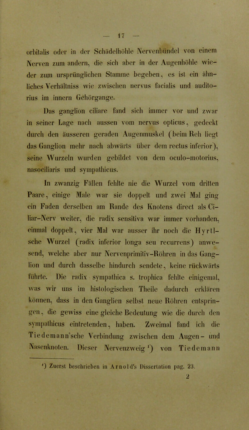 orbitalis oder in der Schädelhöhle Nervenbündel von einem Nerven zum andern, die sich aber in der Augenhöhle wie- der zum ursprünglichen Stamme begeben, es ist ein ähn- liches Verhältniss wie zwischen nervus facialis und audito- rius im innern Gebörgange. Das ganglion ciliare fand sich immer vor und zwar in seiner Lage nach aussen vom nervus opticus, gedeckt durch den äusseren geraden Augenmuskel (beim Reh liegt das Ganglion mehr nach abwärts über dem rectus inferior), seine Wurzeln wurden gebildet von dem oculo-motorius, nasociliaris und sympathicus. In zwanzig Fällen fehlte nie die Wurzel vom dritten Paare, einige Male war sie doppelt und zwei Mal ging ein Faden derselben ain Rande des Knotens direct als Ci- liar-Nerv weiter, die radix sensitiva war immer vorhanden, einmal doppelt, vier Mal war ausser ihr noch die Hyrti- sche Wurzel (radix inferior longa seu recurrens) anwe- send, welche aber nur Nervenprimitiv-Röhren in das Gang- lion und durch dasselbe hindurch sendete, keine rückwärts führte. Die radix sympathica s. trophica fehlte einigemal, was wir uns im histologischen Theile dadurch erklären können, dass in den Ganglien selbst neue Röhren entsprin- gen , die gewiss eine gleiche Bedeutung wie die durch den sympathicus eintretenden, haben. Zweimal fand ich die Tiedemann'sche Verbindung zwischen dem Augen- und O TD Nasenknoten. Dieser Nervenzweig *) von Tiedemann ') Zuerst beschrieben in Arnold’s Dissertation pag. 23. 2