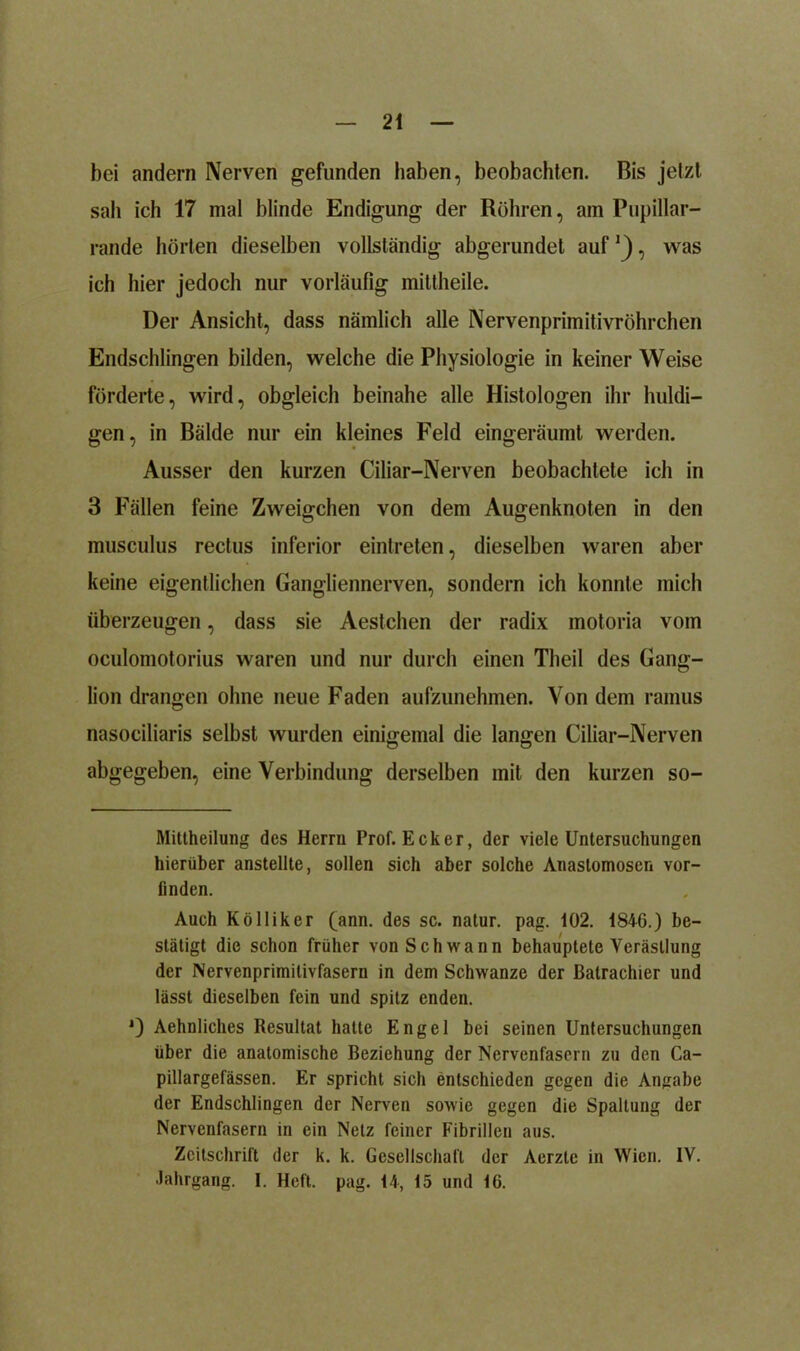 bei andern Nerven gefunden haben, beobachten. Bis jetzt sah ich 17 mal blinde Endigung der Röhren, ain Pupillar- rande hörten dieselben vollständig abgerundet auf1), was ich hier jedoch nur vorläufig mittheile. Der Ansicht, dass nämlich alle Nervenprimitivröhrchen Endschlingen bilden, welche die Physiologie in keiner Weise förderte, wird, obgleich beinahe alle Histologen ihr huldi- gen, in Bälde nur ein kleines Feld eingeräumt werden. Ausser den kurzen Ciliar-Nerven beobachtete ich in 3 Fällen feine Zweigehen von dem Augenknoten in den musculus rectus inferior eintreten, dieselben waren aber keine eigentlichen Gangliennerven, sondern ich konnte mich überzeugen, dass sie Aestchen der radix motoria vom oculomotorius waren und nur durch einen Tlieil des Gang- lion drangen ohne neue Faden aufzunehmen. Von dem ramus nasociliaris selbst wurden einigemal die langen Ciliar-Nerven abgegeben, eine Verbindung derselben mit den kurzen so- Mittheilung des Herrn Prof. Ecker, der viele Untersuchungen hierüber anstellte, sollen sich aber solche Anastomosen vor- finden. Auch Kölliker fann. des sc. natur. pag. 102. 1846.) be- stätigt die schon früher von Schwann behauptete Verästlung der Nervenprimitivfasern in dem Schwänze der Balrachier und lässt dieselben fein und spitz enden. *) Aehnliches Resultat hatte Engel bei seinen Untersuchungen über die anatomische Beziehung der Nervenfasern zu den Ca- pillargefässen. Er spricht sich entschieden gegen die Angabe der Endschlingen der Nerven sowie gegen die Spaltung der Nervenfasern in ein Netz feiner Fibrillen aus. Zeitschrift der k. k. Gesellschaft der Aerzte in Wien. IV. Jahrgang. 1. Heft. pag. 14, 15 und 16.