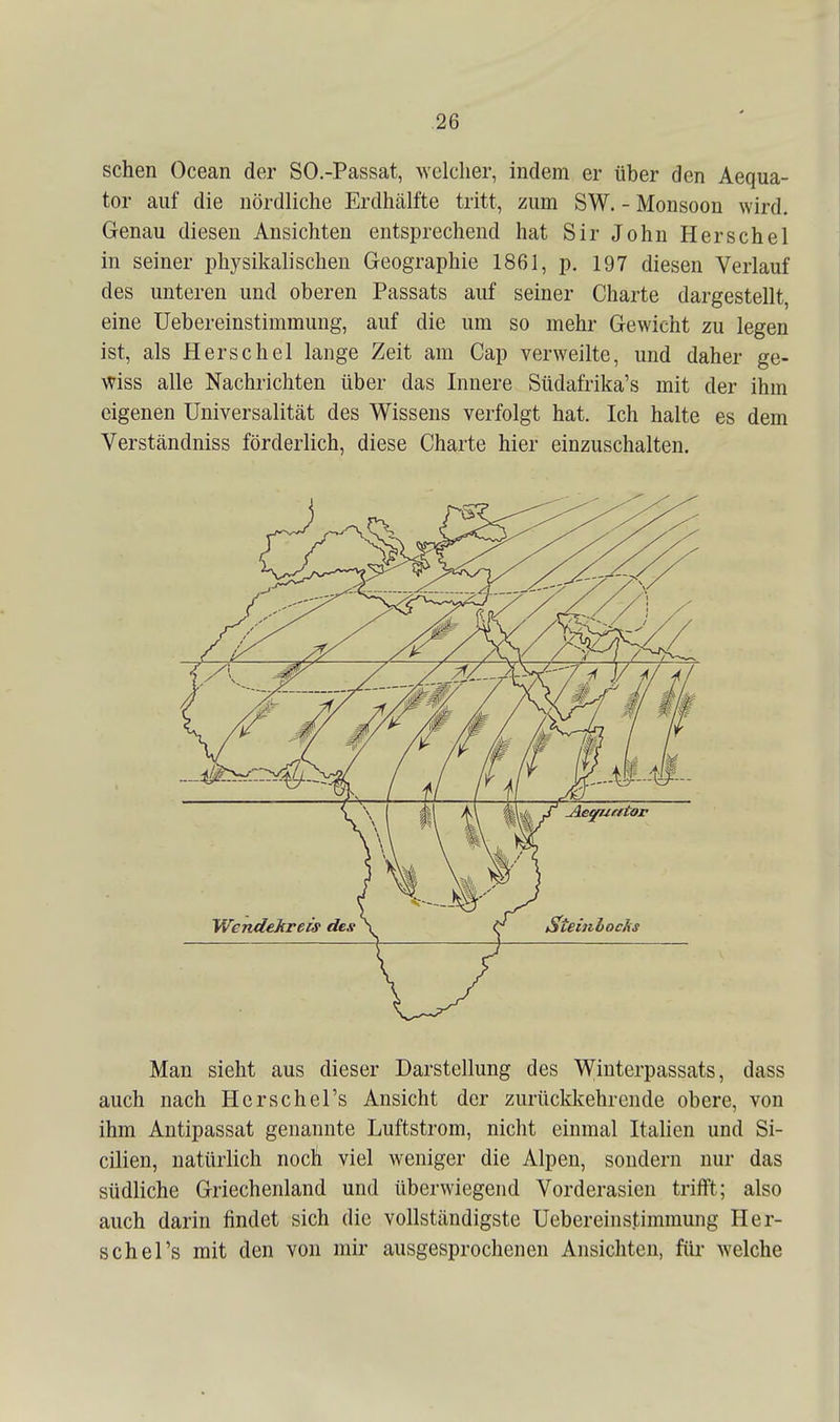 sehen Ocean der SO.-Passat, Avelcher, indem er über den Aequa- tor auf die nördliche Erdhälfte tritt, zum SW. - Monsoon wird. Genau diesen Ansichten entsprechend hat Sir John Berschel in seiner physikalischen Geographie 1861, p. 197 diesen Verlauf des unteren und oberen Passats auf seiner Charte dargestellt, eine Uebereinstimmung, auf die um so mehr Gewicht zu legen ist, als Herschel lange Zeit am Cap verweilte, und daher ge- wiss alle Nachrichten über das Innere Südafrika's mit der ihm eigenen Universalität des Wissens verfolgt hat. Ich halte es dem Verständniss förderlich, diese Charte hier einzuschalten. Man sieht aus dieser Darstellung des Winterpassats, dass auch nach Hcrschel's Ansicht der zurücldfehrende obere, von ihm Antipassat genannte Luftstrom, nicht einmal Itahen und Si- cilien, natürlich nocli viel weniger die Alpen, sondern nur das südliche Griechenland und überwiegend Vorderasien trifft; also auch darin findet sich die vollständigste Uebereinstimmung Her- sehe l's mit den von mir ausgesprochenen Ansichten, füi' welche