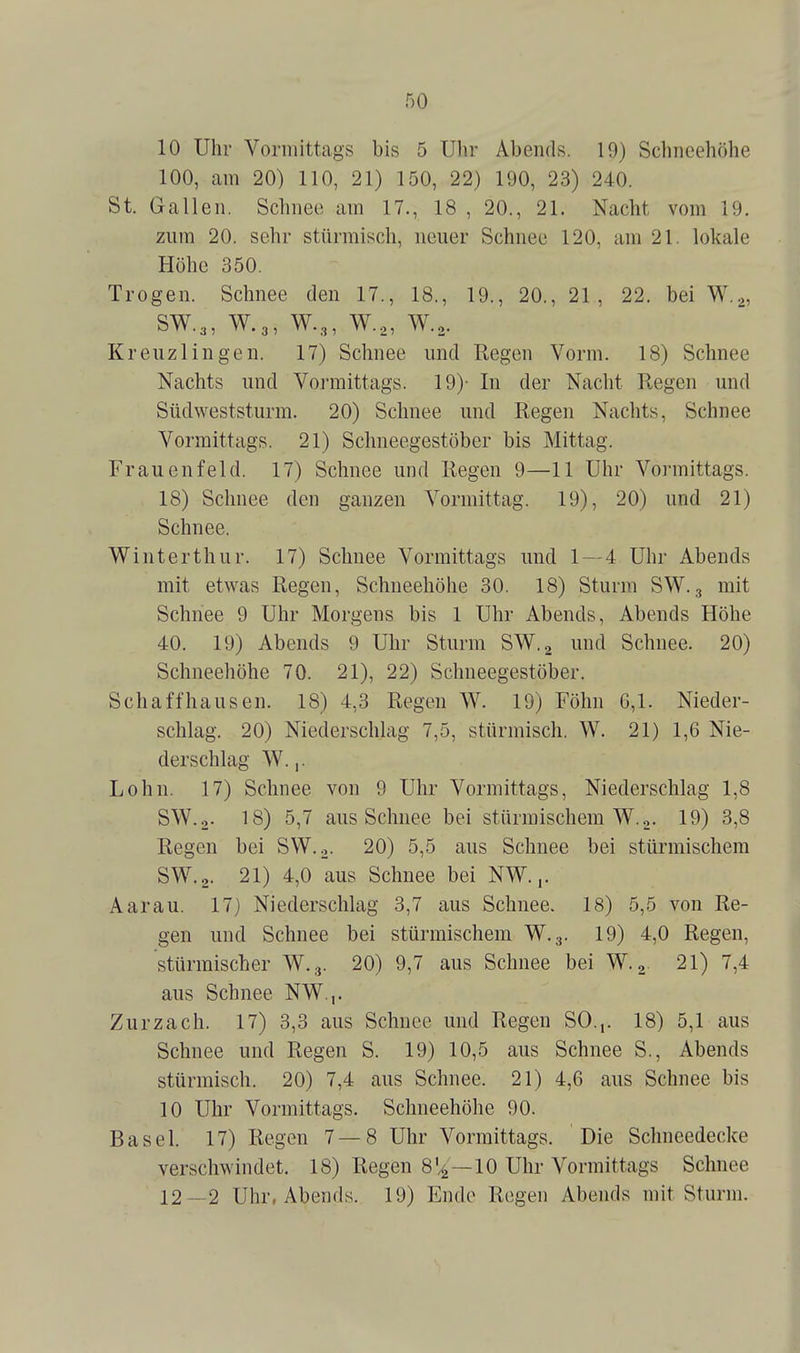 10 Uhr Vormittags bis 5 Uhr Abends. 19) Schiicehöhe 100, am 20) 110, 21) 150, 22) 190, 23) 240. St. Gallen. Schnee am 17., 18 , 20., 21. Nacht vom 19. zum 20. sehr stürmisch, neuer Schnee 120, am 21. lokale Höhe 350. Trogen. Schnee den 17., 18., 19., 20., 21, 22. bei W.^, SW.3, W.3, W.3, W.„ W.,. Kreuzlingen. 17) Schnee und Regen Vorm. 18) Schnee Nachts und Vormittags. 19)- In der Nacht Regen und Südweststurm. 20) Schnee und Regen Nachts, Schnee Vormittags. 21) Schneegestöber bis Mittag. Frauenfeld. 17) Schnee und Regen 9—11 Uhr Vormittags. 18) Schnee den ganzen Vormittag. 19), 20) und 21) Schnee. Winterthur. 17) Schnee Vormittags und 1 — 4 Uhr Abends mit etwas Regen, Schneehöhe 30. 18) Sturm SW.3 mit Schnee 9 Uhr Morgens bis 1 Uhr Abends, Abends Höhe 40. 19) Abends 9 Uhr Sturm SW.g und Schnee. 20) Schneehöhe 70. 21), 22) Schneegestöber. Schaffhausen. 18) 4,3 Regen W. 19) Föhn 6,1. Nieder- schlag. 20) Niederschlag 7,5, stürmisch. W. 21) 1,6 Nie- derschlag W.,. Lohn. 17) Schnee von 9 Uhr Vormittags, Niederschlag 1,8 SW.o- 18) 5,7 aus Schnee bei stürmischem W.o. 19) 3,8 Regen bei SW.o. 20) 5,5 aus Schnee bei stürmischem SW.2. 21) 4,0 aus Schnee bei NW.j. Aarau. 17) Niederschlag 3,7 aus Schnee. 18) 5,5 von Re- gen und Schnee bei stürmischem W.3. 19) 4,0 Regen, stürmischer W.3. 20) 9,7 aus Schnee bei W.^ 21) 7,4 aus Schnee NW.,. Zur zach. 17) 3,3 aus Schnee und Regen SO.,. 18) 5,1 aus Schnee und Regen S. 19) 10,5 aus Schnee S., Abends stürmisch. 20) 7,4 aus Schnee. 21) 4,6 aus Schnee bis 10 Uhr Vormittags. Schneehöhe 90. Basel. 17) Regen 7 — 8 Uhr Vormittags. Die Schneedecke verschwindet. 18) Regen 8'^—10 Uhr Vormittags Schnee 12—2 Uhr, Abends. 19) Ende Regen Abends mit Sturm.