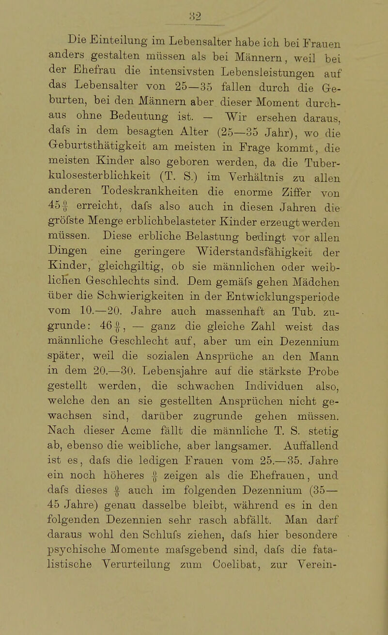 anders gestalten müssen als bei Männern, weil bei der Ehefrau die intensivsten Lebensleistungen auf das Lebensalter von 25—35 fallen durch die Ge- burten, bei den Männern aber dieser Moment durch- aus ohne Bedeutung ist. — Wir ersehen daraus, dafs in dem besagten Alter (25—35 Jahr), wo die Geburtsthätigkeit am meisten in Frage kommt, die meisten Kinder also geboren werden, da die Tuber- kulosesterblichkeit (T. S.) im Verhältnis zu allen anderen Todeskrankheiten die enorme Ziffer von 45 # erreicht, dafs also auch in diesen Jahren die gröfste Menge erblichbelasteter Kinder erzeugt werden müssen. Diese erbliche Belastung bedingt vor allen Dingen eine geringere Widerstandsfähigkeit der Kinder, gleichgiltig, ob sie männlichen oder weib- lichen Geschlechts sind. Dem gemäfs gehen Mädchen über die Schwierigkeiten in der Entwicklungsperiode vom 10.—20. Jahre auch massenhaft an Tub. zu- grunde: 461, — ganz die gleiche Zahl weist das männliche Geschlecht auf, aber um ein Dezennium später, weil die sozialen Ansprüche an den Mann in dem 20.—30. Lebensjahre auf die stärkste Probe gestellt werden, die schwachen Individuen also, welche den an sie gestellten Ansprüchen nicht ge- wachsen sind, darüber zugrunde gehen müssen. Nach dieser Acme fällt die männliche T. S. stetig ab, ebenso die weibliche, aber langsamer. Auffallend ist es, dafs die ledigen Frauen vom 25.—35. Jahre ein noch höheres -j} zeigen als die Ehefrauen, und dafs dieses $ auch im folgenden Dezennium (35— 45 Jahre) genau dasselbe bleibt, während es in den folgenden Dezennien sehr rasch abfällt. Man darf daraus wohl den Schlufs ziehen, dafs hier besondere psychische Momente mafsgebend sind, dafs die fata- listische Verurteilung zum Coelibat, zur Verein-