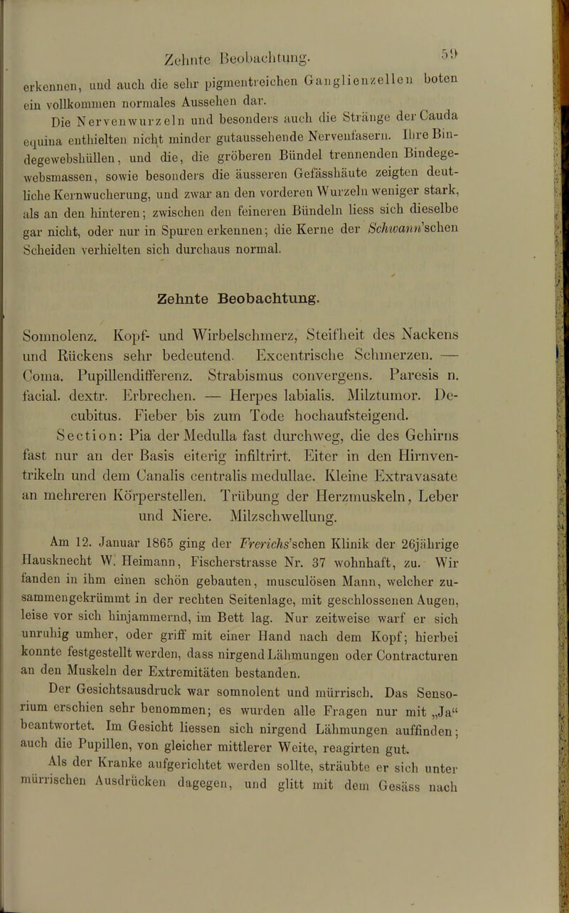 erkennen, uncl auch die sehr pigmentreichen Ganglienzellen boten ein vollkommen normales Aussehen dar. Die Nerven wurzeln und besonders auch die Stränge derCauda equina enthielten nicht minder gutaussehende Nervenfasern. Ihie Bin- degewebshüllen, und die, die gröberen Bündel trennenden Bindege- websmassen, sowie besonders die äusseren Gefässhäute zeigten deut- liche Kernwucherung, und zwar an den vorderen Wurzeln weniger stark, als an den hinteren; zwischen den feineren Bündeln liess sich dieselbe gar nicht, oder nur in Spuren erkennen; die Kerne der Schwann sehen Scheiden verhielten sich durchaus normal. Zehnte Beobachtung. Somnolenz. Kopf- uncl Wirbelschmerz, Steifheit des Nackens und Rückens sehr bedeutend. Excentrische Schmerzen. — Coma. Pupillendifferenz. Strabismus convergens. Paresis n. facial. clextr. Erbrechen. — Herpes labialis. Milztumor. De- cubitus. Fieber bis zum Tode hochaufsteigend. Section: Pia der Medulla fast durchweg, die des Gehirns fast nur an der Basis eiterig infiltrirt. Eiter in den Hirnven- trikeln und dem Canalis centralis medullae. Kleine Extravasate an mehreren Körperstellen. Trübung der Herzmuskeln, Leber und Niere. Milzschwellung. Am 12. Januar 1865 ging der Fr erichs’sehen Klinik der 26jährige Hausknecht W. Heimann, Fischerstrasse Nr. 37 wohnhaft, zu. Wir landen in ihm einen schön gebauten, musculösen Mann, welcher zu- sammengekrümmt in der rechten Seitenlage, mit geschlossenen Augen, leise vor sich hinjammernd, im Bett lag. Nur zeitweise warf er sich unruhig umher, oder grill mit einer Hand nach dem Kopf; hierbei konnte festgestellt werden, dass nirgend Lähmungen oder Contracturen an den Muskeln der Extremitäten bestanden. Der Gesichtsausdruck war somnolent und mürrisch. Das Senso- rium erschien sehr benommen; es wurden alle Fragen nur mit „Ja“ beantwortet. Im Gesicht Hessen sich nirgend Lähmungen auffinden; auch die Pupillen, von gleicher mittlerer Weite, reagirten gut. Als der Kranke aufgerichtet werden sollte, sträubte er sich unter mürrischen Ausdrücken dagegen, und glitt mit dem Gesäss nach