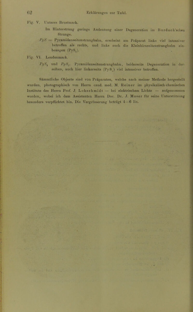 Fig-. V. lauteres Bnistniark. Im Hinterstrang geringe Andeutung einer Degeneration im liurdacli'rtciieu Strange. J'ij^ = Pyramidenseitenstrangbalm, erscheint am Präparat links viel intensiver betroffen als rechts, und links auch die Kleinhirnseitenstrangbahn ein büzoifen (PySj). Fig. VI. Lendenmark. l'ijSy und l'ijS.,. i'yraniidenseitenstratighaiin, beiderseits Degeneration in der selben, auch hier linkerseits (l'yS.) viel intensiver betroffen. Säramtliche Objecte sind von Präparaten, welche nach meiner Methode hergestelh wurden, photographisch von Herrn cand. med. M. Reiner im physikalischchemischen Institute des Herrn Prof. J. Lohschmidt — bei elektrischem Lichte — a\ifgenomnien worden, wobei ich dem Assistenten Herrn Doc. Dr. J. Moser für seine Unterstiitzung besonders verpflichtet bin. Die Vergrösserung beträgt 4—6 lin.