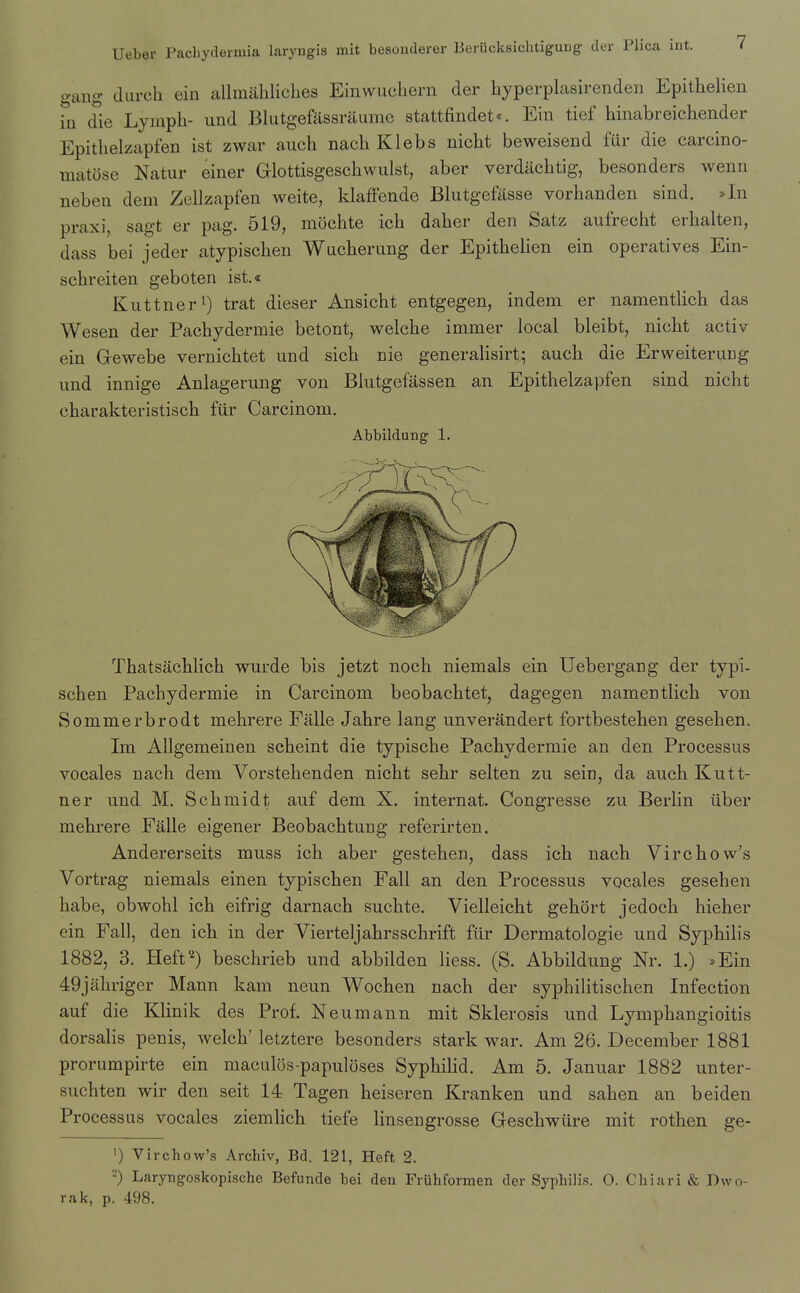 gaug durch ein allmahlicbes Einwucliern der hyperplasirenden Epithelien in die Lymph- und Blutgefassraume stattfindet*. Ein tief hinabreichender Epithelzapfen ist zwar auch nach Klebs nicht beweisend far die carcino- matose Natur einer Glottisgeschwulst, aber verdiichtig, besonders wenn neben dem Zellzapfen weite, klaffende Blutgefasse vorhanden sind. »ln praxi, sagt er pag. 519, mochte ich daher den Satz aufrecht erhalten, dass bei jeder atypischen Wncherung der Epithelien ein operatives Ein- schreiten geboten ist.« Kuttner') trat dieser Ansicht entgegen, indem er namentlich das Wesen der Pachydermie betont, welche immer local bleibt, nicht activ ein Gewebe vernichtet und sich nie generalisirt; auch die Erweiterung und innige Anlagerung von Blutgefassen an Epithelzapfen sind nicht charakteristisch fiir Carcinom. Abbildung 1. Thatsachhch wurde bis jetzt noch niemals ein Uebergang der typi- schen Pachydermie in Carcinom beobachtet, dagegen namentlich von Sommerbrodt mehrere Fiille Jahre lang unverandert fortbestehen gesehen. Im Allgemeinen scheint die typische Pachydermie an den Processus vocales nach dem Vorstehenden nicht sehr selten zu sein, da auch Kutt- ner und M. Schmidt auf dem X. internat. Congresse zu Berlin iiber mehrere Falle eigener Beobachtung referirten. Andererseits muss ich aber gestehen, dass ich nach Virchow's Vortrag niemals einen typischen Fall an den Processus vocales gesehen habe, obwohl ich eifrig darnach suchte. Vielleicht gehort jedoch hieher ein Fall, den ich in der Vierteljahrsschrift fiir Dermatologie und Syphilis 1882, 3. Heff^) beschrieb und abbilden liess. (S. Abbildung Nr. 1.) .Ein 49jahriger Mann kam neun Wochen nach der syphilitischen Infection auf die Klinik des Prof. Neumann mit Sklerosis und Lymphangioitis dorsalis penis, welch' letztere besonders stark war. Am 26. December 1881 prorumpirte ein maculos-papuloses Syphihd. Am 5. Januar 1882 unter- suchten wir den seit 14 Tagen heiseren Kranken und sahen an beiden Processus vocales ziemhch tiefe linsengrosse Geschwiire mit rothen ge- ') Virchow's Archiv, Bd. 121, Heft 2. •) Laryngoskopische Befunde bei den Friihformen der Syphilis. O. Chiari & Dwo- rak, p. 498.