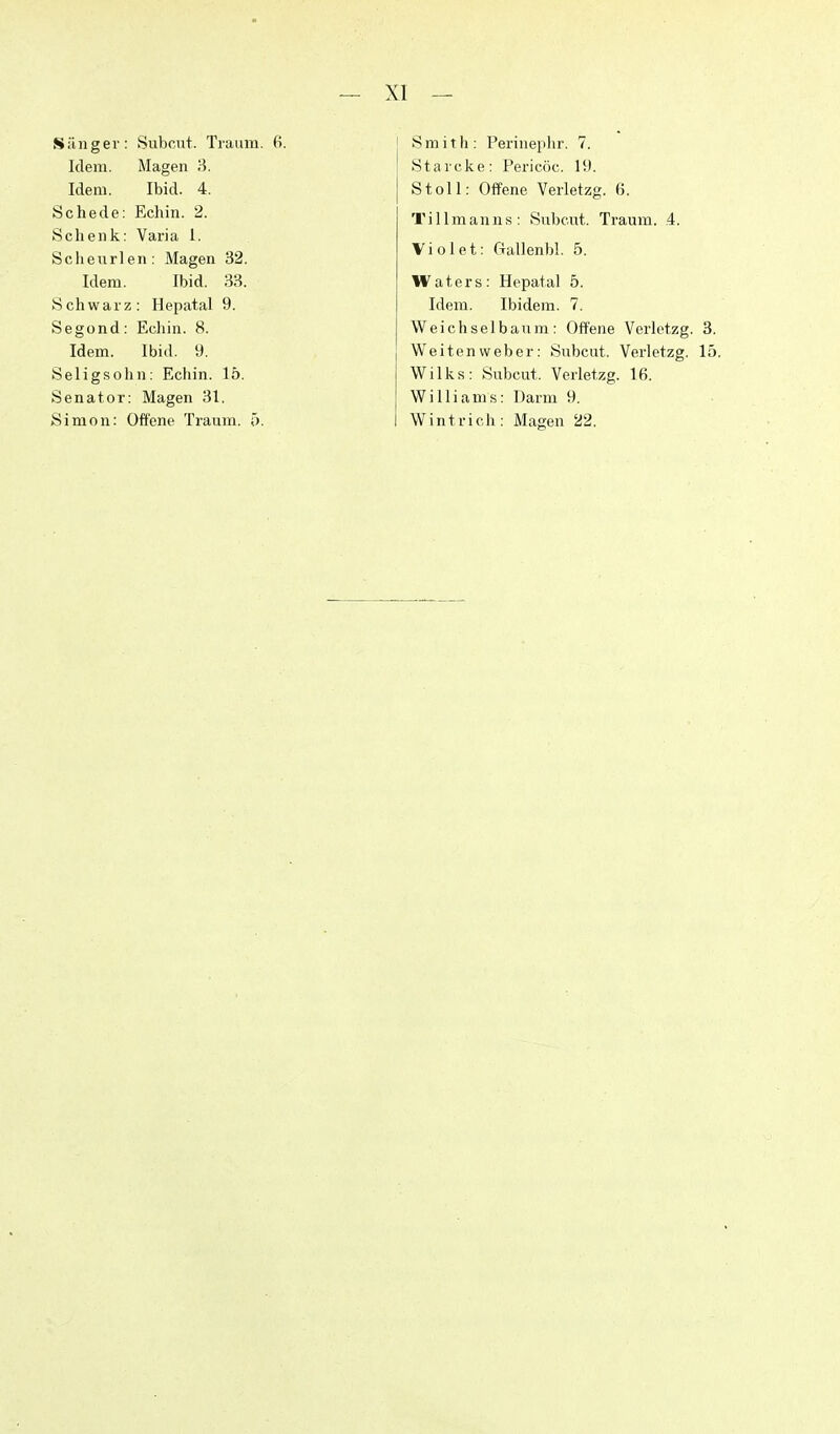 Sänger: Subcut. Traum. 6. Idem. Magen H. Idem. Ibid. 4. Schede: Echin. 2. Schenk: Varia 1. Scheiirlen: Magen 32. Idem. Ibid. 33. Schwarz: Hepatal 9. Segond: Echin. 8. Idem. Ibid. 9. Seligsolln: Echin. 15. Senator: Magen 31. Simon: Offene Traum. ;'). Smith: Perinephr, 7. Stavcke: Pericöc. 19. Stoll: Offene Verletzg. 6. Tillmanns: Subcut. Traum. .4. Violet: Gallenbl. 5. Waters: Hepatal 5. Idem. Ibidem. 7. Weichselbaum: Offene Verletzg. 3. Weiten Weber: Subcut. Verletzg. lö. Wilks: Subcut. Verletzg. 16. Williams: Darm 9. Wintrich: Magen 22.