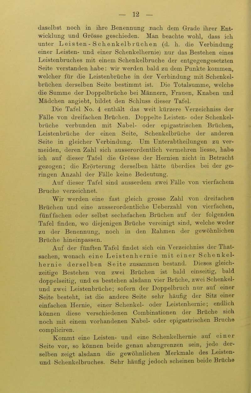 daselbst noch in ihre Benennung nach dem Grade ihrer Ent- wicklung und Grösse geschieden. Man beachte wohl, dass ich unter L ei s ten - S ch enkelb rüchen (d. h. die Verbindung einer Leisten- und einer Schenkelhernie) nur das Bestehen eines Leistenbruches mit einem Schenkelbruche der entgegengesetzten Seite verstanden habe: wir werden bald zu dem Punkte kommen, welcher für die Leistenbrüche in der Verbindung mit Schenkel- brüchen derselben Seite bestimmt ist. Die Totalsumme, welche die Summe der Doppelbrüche bei Männern, Frauen, Knaben und Mädchen angiebt, bildet den Schluss dieser Tafel. Die Tafel No. 4 enthält das weit kürzere Verzeichniss der Fälle von dreifachen Brüchen. Doppelte Leisten- oder Schenkel- brüche verbunden mit Nabel- oder epigastrischen Brüchen, Leistenbrüche der einen Seite, Schenkelbrüche der anderen Seite in gleicher Verbindxing. Um Unterabtheilungen zu ver- meiden, deren Zahl sich ausserordentlich vermehren Ii esse, habe ich auf dieser Tafel die Grösse der Hernien nicht in Betracht gezogen; die Erörterung derselben hätte überdies bei der ge- ringen Anzahl der Fälle keine Bedeutung. Auf dieser Tafel sind ausserdem zwei Fälle von vierfachem Bruche verzeichnet. Wir werden eine fast gleich grosse Zahl von dreifachen Brüchen und eine ausserordentliche Ueberzahl von vierfachen, fünffachen oder selbst sechsfachen Brüchen auf der folgenden Tafel finden, wo diejenigen Brüche vereinigt sind, welche weder zu der Benennung, noch in den Eahmen der gewöhnlichen Brüche hineinpassen. Auf der fünften Tafel findet sich ein Verzeichniss der That- sachen, wonach eine Leistenhernie mit einer Schenkel- hernie derselben Seite zusammen bestand. Dieses gleich- zeitige Bestehen von zwei Brüchen ist bald einseitig, bald doppelseitig, und es bestehen alsdann vier Brüche, zwei Schenkel- und zwei Leistenbrüche; sofern der Doppelbruch nur auf einer Seite besteht, ist die andere Seite sehr häufig der Sitz einer einfachen Hernie, einer Schenkel- oder Leistenhernie; endlich können diese verschiedenen Combinationen der Brüche sich noch mit einem vorhandenen Nabel- oder epigastrischen Bruche compliciren. Kommt eine Leisten- und eine Schenkelhernie auf einer Seite vor, so können beide genau abzugrenzen sein, jede der- selben zeigt alsdann die gewöhnlichen Merkmale des Leisten- und Schenkelbruches. Sehr häufig jedoch scheinen beide Brüche