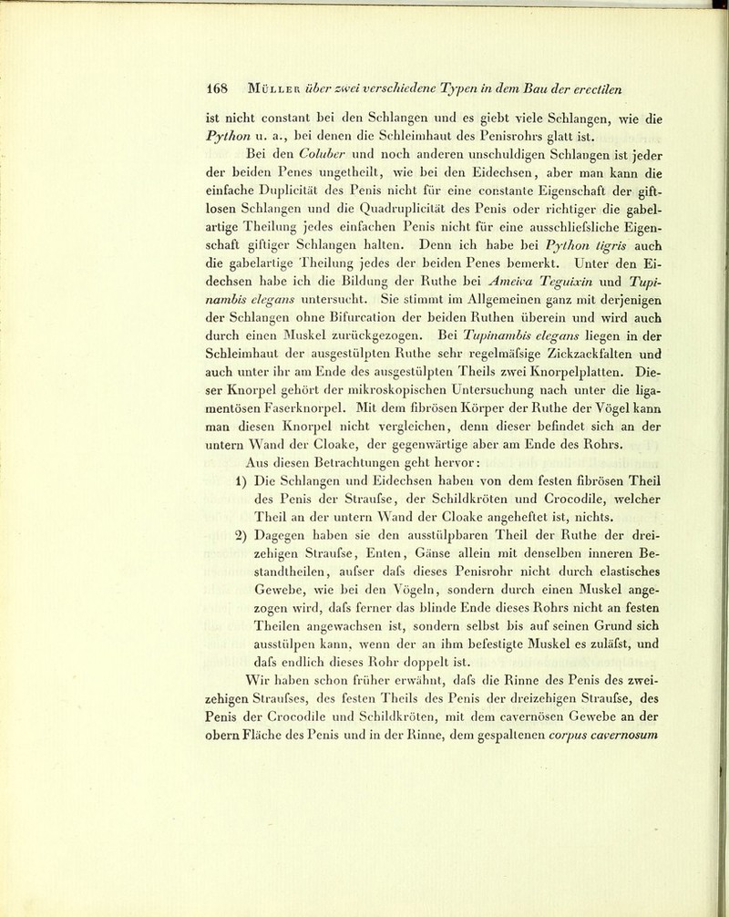 ist nicht constant hei den Schlangen und es giebt viele Schlangen, wie die Python u. a., bei denen die Schleimhaut des Penisrohrs glatt ist. Bei den Coluber und noch anderen unschuldigen Schlangen ist jeder der beiden Penes ungetheilt, wie hei den Eidechsen, aber man kann die einfache Duplicität des Penis nicht für eine constante Eigenschaft der gift- losen Schlangen und die Quadruplicität des Penis oder richtiger die gabel- artige Theilung jedes einfachen Penis nicht für eine ausschliefsliche Eigen- schaft giftiger Schlangen halten. Denn ich habe hei Python tigris auch die gabelartige Theilung jedes der beiden Penes bemerkt. Unter den Ei- dechsen habe ich die Bildung der Buthe bei Arneica Teguixin und Tupi- nambis elegans untersucht. Sie stimmt im Allgemeinen ganz mit derjenigen der Schlangen ohne Bifiircation der beiden Ruthen überein und wird auch durch einen Muskel zurückgezogen. Bei Tupinambis elegans liegen in der Schleimhaut der ausgestülpten Ruthe sehr regelmäfsige Zickzackfalten und auch unter ihr am Ende des ausgestülpten Theils zwei Knorpelplatten. Die- ser Knorpel gehört der mikroskopischen Untei’suchung nach unter die liga- mentösen Faserknorpel. Mit dem fibrösen Körper der Ruthe der Vögel kann man diesen Knorpel nicht vergleichen, denn dieser befindet sich an der untern Wand der Cloake, der gegenwärtige aber am Ende des Rohrs. Aus diesen Betrachtungen geht hervor: 1) Die Schlangen und Eidechsen haben von dem festen fibrösen Theil des Penis der Straufse, der Schildkröten und Crocodile, welcher Theil an der untern Wand der Cloake angeheftet ist, nichts. 2) Dagegen haben sie den ausstülpbaren Theil der Ruthe der drei- zehigen Straufse, Enten, Gänse allein mit denselben inneren Be- standtheilen, aufser dafs dieses Penisrohr nicht dui’ch elastisches Gewebe, wie hei den Vögeln, sondern durch einen Muskel ange- zogen wird, dafs ferner das blinde Ende dieses Rohrs nicht an festen Theilen angewachsen ist, sondern selbst bis auf seinen Grund sich ausstülpen kann, wenn der an ihm befestigte Muskel es zuläfst, und dafs endlich dieses Rohr doppelt ist. Wir haben schon früher erwähnt, dafs die Rinne des Penis des zwei- zehigen Straufses, des festen Theils des Penis der dreizehigen Straufse, des Penis der Crocodile und Schildkröten, mit dem cavernösen Gewebe an der obern Fläche des Penis und in der Rinne, dem gespaltenen corpus cavernosum