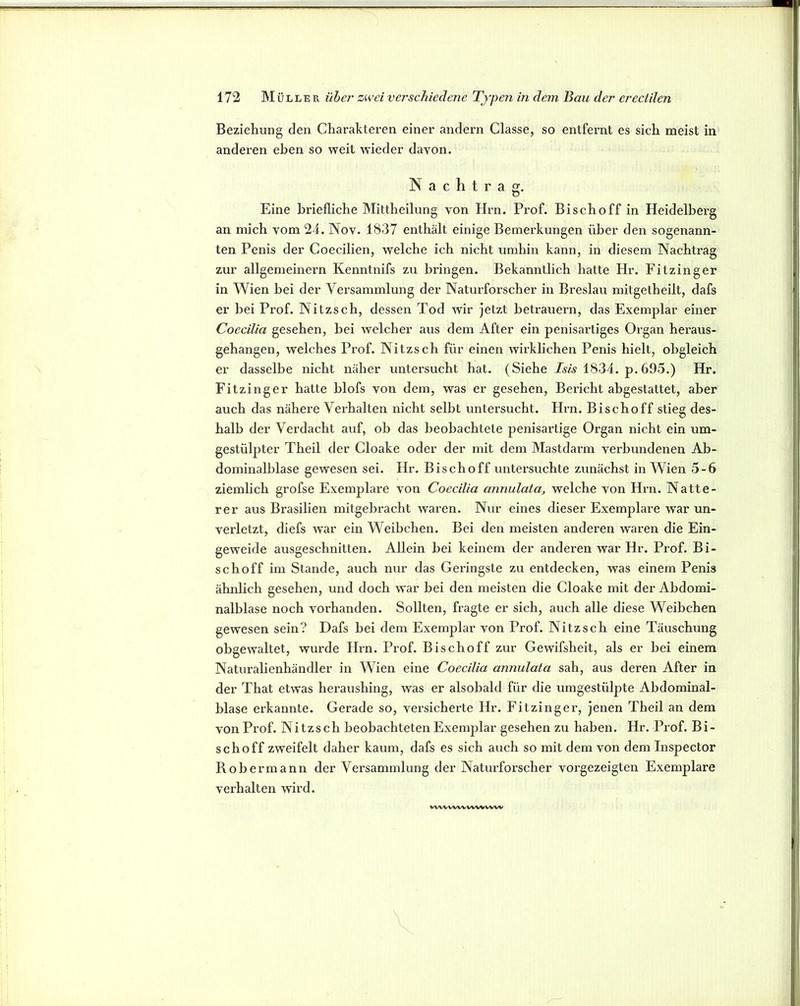 Beziehung den Charakteren einer andern Classe, so entfernt es sich meist in anderen eben so weit wieder davon. Nachtrag. Eine briefliche Mittheilung von Hrn. Prof. Bischoff in Heidelberg an mich vom 24. Nov. 1837 enthält einige Bemerkungen über den sogenann- ten Penis der Coecilien, welche ich nicht umhin kann, in diesem Nachtrag zur allgemeinem Kenntnifs zu bringen. Bekanntlich hatte Hr. Fitzinger in Wien bei der Versammlung der Naturforscher in Breslau mitgetheilt, dafs er hei Prof. Nitzsch, dessen Tod wir jetzt betrauern, das Exemplar einer Coecilia gesehen, hei welcher aus dem After ein penisartiges Organ hei'aus- gehangen, welches Prof. Nitzsch für einen wirklichen Penis hielt, obgleich er dasselbe nicht näher untersucht hat. (Siehe 1834. p. 695.) Hr. Fitzinger hatte blofs von dem, was er gesehen, Bericht abgestattet, aber auch das nähere Verhalten nicht selbt untersucht. Hrn. Bischoff stieg des- halb der Verdacht auf, ob das beobachtete penisartige Organ nicht ein um- gestülpter Theil der Cloake oder der mit dem Mastdarm verbundenen Ab- dominalblase gewesen sei. Hr. Bischoff untersuchte zunächst in Wien 5-6 ziemlich grofse Exemplax’e von Coecilia annulata, welche von Hrn. Nälte- rer aus Brasilien mitgebracht waren. Nur eines dieser Exemplare war un- verletzt, diefs war ein Weibchen. Bei den meisten anderen waren die Ein- geweide ausgeschnitten. Allein bei keinem der anderen war Hr. Prof. Bi- schoff im Stande, auch nur das Geringste zu entdecken, was einem Penis ähnlich gesehen, und doch war bei den meisten die Cloake mit der Abdomi- nalblase noch vorhanden. Sollten, fragte er sich, auch alle diese Weibchen gewesen sein? Dafs bei dem Exemplar von Prof. Nitzsch eine Täuschung obgewaltet, wurde Hrn. Prof. Bischoff zur Gewifsheit, als er bei einem Naturalienhändler in Wien eine Coecilia annulata sah, aus deren After in der That etwas heraushing, was er alsobald für die umgestülpte Abdominal- blase erkannte. Gerade so, versicherte Hr. Fitzinger, jenen Theil an dem von Prof. Nitzsch beobachteten Exemplar gesehen zu haben. Hr. Pi’of. Bi- schoff zweifelt daher kaum, dafs es sich auch so mit dem von dem Inspector Robermann der Versammlung der Naturforscher vorgezeigten Exemplare verhalten wird. VWVWl^W^^VWV