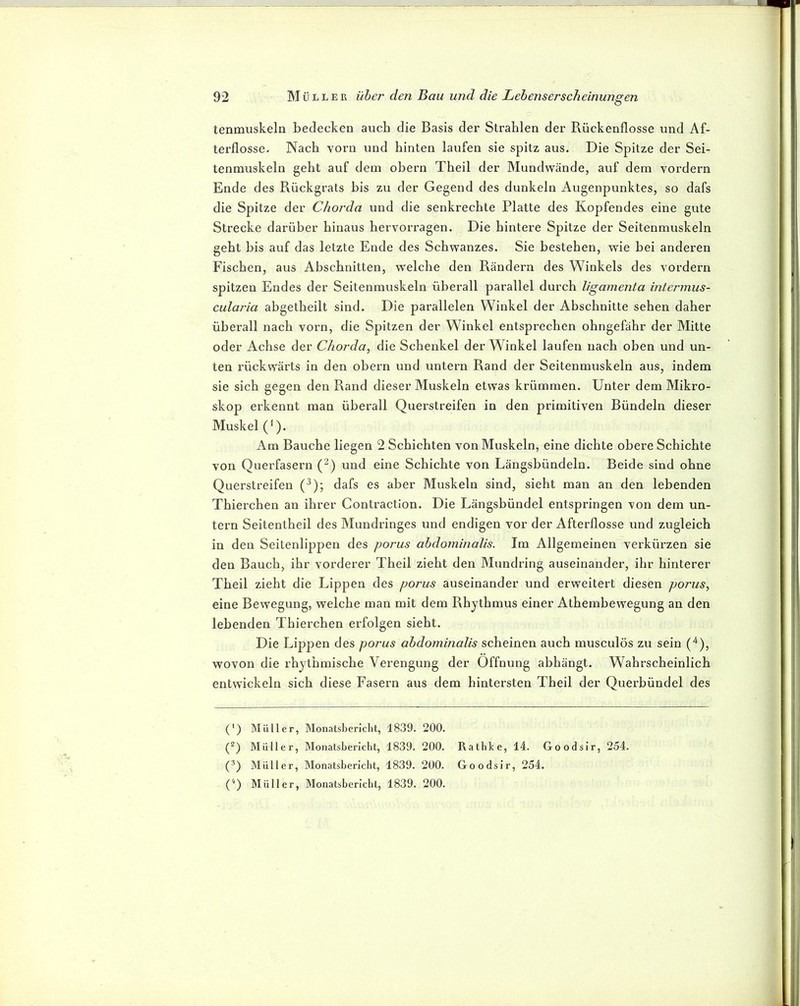 tenmuskela becleckea auch die Basis der Strahlen der Rückenflosse und Af- terflosse, Nach vorn und hinten laufen sie spitz aus. Die Spitze der Sei- tenmuskeln geht auf dem ohern Theil der Mundwände, auf dem vordem Ende des Rückgrats bis zu der Gegend des dunkeln Augenpunktes, so dafs die Spitze der Chorda und die senkrechte Platte des Kopfendes eine gute Strecke darüber hinaus hervorragen. Die hintere Spitze der Seitenmuskeln geht bis auf das letzte Ende des Schwanzes. Sie bestehen, wie bei anderen Fischen, aus Abschnitten, welche den Rändern des Winkels des vordem spitzen Endes der Seitenmuskeln überall parallel durch ligamenta intermus- cularia abgetheilt sind. Die parallelen Winkel der Abschnitte sehen daher überall nach vorn, die Spitzen der Winkel entsprechen ohngefähr der Mitte oder Achse der Chorda, die Schenkel der Winkel laufen nach oben und un- ten rückwärts in den obern und untern Rand der Seitenmuskeln aus, indem sie sich gegen den Rand dieser Muskeln etwas krümmen. Unter dem Mikro- skop erkennt man überall Querstreifen in den primitiven Bündeln dieser Muskel (Q. Am Bauche liegen 2 Schichten von Muskeln, eine dichte obere Schichte von Querfasern (^) und eine Schichte von Längsbündeln. Beide sind ohne Querstreifen (^); dafs es aber Muskeln sind, sieht man an den lebenden Thierchen an ihrer Contractlon. Die Längsbündel entspringen von dem un- tern Seitentheil des Mundringes und endigen vor der Afterflosse und zugleich in den Seitenlippen des porus abdominalis. Im Allgemeinen verkürzen sie den Bauch, ihr vorderer Theil zieht den Mundring auseinander, ihr hinterer Theil zieht die Lippen des porus auseinander und erweitert diesen porus, eine Bewegung, welche man mit dem Rhythmus einer Athembewegung an den lebenden Thierchen erfolgen sieht. Die Lippen des porus abdominalis scheinen auch musculös zu sein ('^), wovon die rhythmische Verengung der Öffnung abhängt. Wahrscheinlich entwickeln sich diese Fasern aus dem hintersten Theil der Querbündel des (*) (*) Müller, Monatsbericht, 1839. 200. (^) Müller, Monatsbericht, 1839. 200. Rathke, 14. Goodsir, 254. C) Müller, Monatsbericht, 1839. 200. Goodsir, 254. (^) Müller, Monatsbericht, 1839. 200.