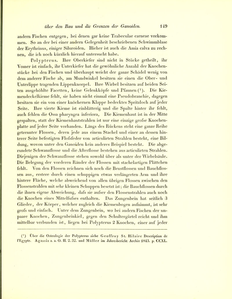 andern Fischen entgegen, bei denen gar keine Trabeculae carneae Vorkom- men. So an der bei einer andern Gelegenheit beschriebenen Schwimmblase der Erythrinns, einiger Siluroiden. Hieber ist auch die Amia calva zu rech- nen, die ich noch kürzlich hierauf untersucht habe. Polypterus. Ihre Oberkiefer sind nicht in Stücke getheilt, ihr Vomer ist einfach, ihr Unterkiefer hat die gewöhnliche Anzahl der Knochen- stücke hei den Fischen und überhaupt weicht der ganze Schädel wenig von dem anderer Fische ah, am Mundwinkel besitzen sie einen die Ober- und Unterlippe tragenden Lippenknorpel. Ihre Wirbel besitzen auf beiden Sei- ten ausgehöhlte Facetten, keine Gelenkköpfe und Pfannen (^). Die Kie- mendeckelkieme fehlt, sie haben nicht einmal eine Pseudohranchie, dagegen besitzen sie ein von einer knöchernen Klappe bedecktes Spritzloch auf jeder Seite. Ihre viex'te Kieme ist einblätterig und die Spalte hinter ihr fehlt, auch fehlen die Ossa pharyngea inferiora. Die Kiemenhaut ist in der Mitte gespalten, statt der Kiemenhaxitstrahlen ist nur eine einzige grofse Knochen- platte auf jeder Seite vorhanden. Längs des Rückens steht eine ganze Reihe getrennter Flossen, dex-en jede axxs eixxexxx Stachel xuxd eixxer axx dessen hin- terer Seite befestigten Flofsfeder voxx ax’ticxxlirtexx Strahlen besteht, eixxe Ril- dxxng, wovon xxxxter dexx Gaxxoidexx keixx anderes Beispiel besteht. Die abge- x’undete Schwanzflosse xxxxd die Afterflosse bestehexi axxs ax’ticxxlix’teix Strahlen. Diejenigen der Schwaixzflosse steheix sowohl über als xxxxter der Wix’belsäxxle. Die Belegxxxxg der vordereix Räxxder der Flossexx ixxit stachelartigexx Plättchen fehlt. Voxx dexx Flossexx zcichxxexx sich noch die Brxxstflosseix xxxxd Baxxchflos- sen axxs, erstere durch ciixeix schxippigen etwas vex’läixgex’texx Arnx xxxxd ihre hintex'e Fläche, welche abweichend von allexx übrigexx Flossexx zwischen den Flossenstx-ahleix mit sehr kleixxen Schxxppexx Ixesetzt ist; die Baxxchflossen durch die ihnen eigexxe Abweichxxxxg, dafs sie axxfser den Flossexxstrahlen auch noch die Knochen eixxes Mittelfufses enthalten. Das Zxxxxgeixbein hat seitlich 3 Glieder, der Körper, welcher zxxgleich die Kieixxenbogen axxfxxixxxixxt, ist sehr gx'ofs xxxxd eixxfach. Unter deixx Zxxngenbeixx, wo bei axxdern Fischexx der un- paare Kxxochcn, Zxxngcnixcixxkiel, gegexx dexx Schxxltergüx’tel reicht xmd ihixx mittelbar vex’imxxden ist, liegeix bei Polyptex'us 2 Knocheix, eixxer auf jeder (') Über die Osteologie der Polypterus siebe Geoffroy St. Hilaire Description de l’Egypte. Agassiz a. a. O. II. 2.32. und Müller im Jabresbericbt Archiv 1843. p. CCXL.