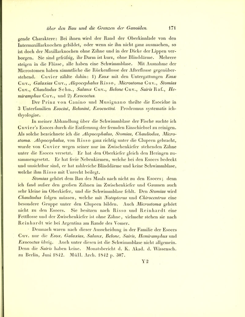 gende Chai'aktere: Bei ihnen wird der Rand der Oherkinnlade von den Intermaxillarknochen gebildet, oder wenn sie ihn nicht ganz ausmachen, so ist doch der Maxillarknochen ohne Zähne und in der Dicke der Lippen ver- borgen. Sie sind gefräfsig, ihr Darm ist kurz, ohne Blinddärme. Mehrere steigen in die Flüsse, alle haben eine Schwimmblase. Mit Ausnahme der Microstomen haben sämmtliche die Rückenflosse der Afterflosse gegenüber- stehend. Cuvier zählte dahin: 1) Esox mit den Untergattungen Esox Cuv., Galaxias CwY., Alepocephalus Bisso, Microsloma Cuy., Stoinias Cuv., Chauliodus Schn., Salanx Cuv., Belone CiUy., Aa/m Raf., He- miramplms Cuv., und 2) Exocoetus. Der Prinz von Canino und Musignano theilte die Esocidae in 3 Unterfamilien Esocini^ Belonini, Exocoeüni. Prodromus systematis ich- thyologiae. In meiner Abhandlung über die Schwimmblase der Fische suchte ich Cuvier’s Esoces durch die Entfernung der fremden Einschiebsel zu reinigen. Als solche bezeichnete ich die Alepocephalus, Stomias, Chauliodus, Micro- sloma. Alepocephalus, von Risso ganz richtig unter die Clupeen gebracht, wurde von Cuvier wegen seiner nur im Zwisehenkiefer stehenden Zähne unter die Esoces versetzt. Er hat den Oberkiefer gleich den Heringen zu- sammengesetzt. Er hat freie Nebenkiemen, welche bei den Esoces bedeckt und unsichtbar sind, er hat zahlreiche Blinddärme und keine Schwimmblase, welche ihm Risso mit Unrecht beilegt. Stomias gehört dem Bau des Mauls nach nicht zu den Esoces; denn ich fand aufser den grofsen Zähnen im Zwischenkiefer und Gaumen auch sehr kleine im Oberkiefer, ixnd die Schwimmblase fehlt. Den Stomias wird Chauliodus folgen müssen, welche mit Notopterus und Chirocentrus eine besondere Gruppe unter den Clupeen bilden. Auch Microstoma gehört nicht zu den Esoces. Sie besitzen nach Risso und Reinhardt eine Fettflosse und der Zwischenkiefer ist ohne Zähne, vielmehr stehen sie nach Reinhardt wie bei Argentina am Rande des Vomer. Demnach waren nach dieser Ausscheidung in der Familie der Esoces Cuv. mir die Esox, Galaxias, Salanx, Belone, Sairis, llemiramphus und Exocoetus übrig. Auch unter diesen ist die Schwimmblase nicht allgemein. Denn die Sairis haben keine. Monatsbericht d. K. Akad. d. Wissensch. zu Berlin, Juni 1842. Müll. Areh. 1842 p. 307. Y2