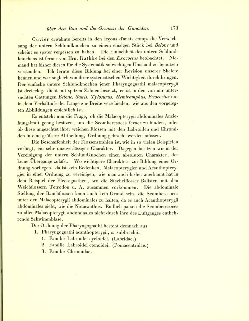 Cuvier erwähnte bereits in den lecons d’anat. comp, die Verwach- sung der untern Schlundknochen zu einem einzigen Stück hei Belone und scheint es später vergessen zu haben. Die Einfachheit des untern Schlund- knochens ist ferner von Ilrn. Rathke hei den Exocoetus beobachtet. Nie- mand hat bisher diesen für die Systematik so wichtigen Umstand zu benutzen verstanden. Ich lernte diese Bildung bei einer Revision unserer Skelete kennen und war sogleich von ihrer systematischen Wichtigkeit durchdrungen. Der einfache untere Schlundknochen jener Pharyngognathi malacopterygii ist dreieckig, dicht mit spitzen Zähnen besetzt, er ist in den von mir unter- suchten Gattungen Belone, Sanis, Tylosurus, Hemiramphus, Exocoelus mir in dem Verhältnifs der Länge zur Breite verschieden, wie aus den vorgeleg- ten Abbildungen ersichtlich ist. Es entsteht nun die Frage, ob die Malacopterygii abdominales Anzie- hungskraft genug besitzen, um die Scomberesoces ferner zu binden, oder ob diese ungeachtet ihrer weichen Flossen mit den Labroiden und Chromi- den in eine gröfsere Abtheilung, Ordnung, gebracht werden müssen. Die Beschaffenheit der Flossenstrahlen ist, wie in so vielen Beispielen vorliegt, ein sehr unzuverlässiger Charakter. Dagegen besitzen wir in der Vereinigung der untern Schlundknochen einen absoluten Charakter, der keine Übergänge zuläfst. Wo wichtigere Charaktere zur Bildung einer Or- dnung vorliegen, da ist kein Bedenken, Malacopterygier und Acanthoptery- gier in einer Ordnung zu vereinigen, wie man auch bisher anerkannt hat in dem Beispiel der Plectognathen, wo die Stachelllosser Balisten mit den Weichfllossern Tetrodon u. A. zusammen Vorkommen. Die abdominale Stellung der Bauchflossen kann auch kein Grund sein, die Scomberesoces unter den Malacopterygii abdominales zu halten, da es auch Acanthopterygii abdominales giebt, wie die Notacanthus. Endlich passen die Scomberesoces zu allen Malacopterygii abdominales nicht durch ihre des Luftganges entbeh- rende Schwimmblase. Die Ordnung der Pharyngognathi besteht demnach aus I. Pharyngognathi acanthopterygii, s. subbrachii. 1. Familie Labroidei cycloidei. (Labridae.) 2. Familie Labroidei ctenoidei. (Pomacentridae.) 3. Familie Chromidae.