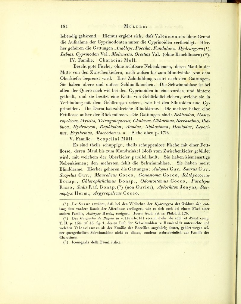 lebendig gebärend. Hieraus ergiebt sich, dafs Valenciennes ohne Grund die Aufnahme der Cyprinodonten unter die Cyprinoiden vertbeidigt. Hier- her gehören die Gattungen Anahleps, Poecilia, Fundulus s. Jlydrargyra{^'), Lebias, Cyprinodon Val., Molienesia, Orestias Val. (ohne Bauchflossen) (^). IV. Familie. Characini Müll. Beschuppte Fische, ohne sichtbare Nehenkiemen, deren Maul in der Mitte von den Zwischenkiefeim, nach aufsen bis zum Mundwinkel von dem Oberkiefer begrenzt wird. Ihre Zahnbildung variirt nach den Gattungen. Sie haben obere und untere Schhmdknochen. Die Schwimmblase ist bei allen der Quere nach wie bei den Cyprinoiden in eine vordere und hintere getheilt, und sie besitzt eine Kette von Gehörknöchelchen, welche sie in Vei’bindung mit dem Gehörorgan setzen, wie bei den Siluroiden und Cy- prinoiden. Ihr Dai’m hat zahlreiche Blinddärme. Die meisten haben eine Fettflosse aufser der Rückenflosse. Die Gattungen sind: Schizodon, Gaste- ropelecus, Myletes, Tetragonopterus, Chalceus, Citharinus, Serrasahno^ Pia- huca, Hydrocyon, Papliiodon, Anodus, Xiphosloma, IleiJiiodus, Lepori- nus, Krythrinus, Macrodon u. a. Siehe oben p. 179. V. Familie. Scopelini Müll. Es sind theils schuppige, theils schuppenlose Fische mit einer Fett- flosse, deren Maul bis zum Mundwinkel blofs vom Zwischenkiefer gebildet wird, mit welchem der Oberkiefer parallel läuft. Sie haben kiemenartige Nebenkiemen; den mehrsten fehlt die Schwimmblase. Sie haben meist Blinddäi'me. Hierher gehören die Gattungen: Aulopus Cuv., Saurus Cuv., Scopelus Cuv., MauTolicus Cocco, Gonostoma Cocco, Ichthyococcus Bonap., CliloropTithalmus Bonap., Odontostomus Cocco, Paralepis Risso, Vwc?« Raf. Bonap. (^) (non Cuvier), Aplochiton 3enyns, Ster- nop/yo: Herrn., Argyropelecus Cocco. (') Le Sueur erwähnt, dafs bei den Weibchen der Hydrargyra der Oviduct sich ent- lang dem vordem Rande der Afterflosse verlängert, wie es sich auch bei einem Fisch einer andern Familie, Aulopyge Heck., ereignet. Journ. Acad. nat. sc. Philad. I. 126. (^) Der Guapucha de Bogota in V. Humboldt receuil d’obs. de zool. et d’anat. comp. T. II. p. 154. taf. 45. fig. 1, dessen Luft der Schwimmblase v. Humboldt untersuchte und welchen Valenciennes als der Familie der Poecilien angehörig deutet, gehört wegen sei- ner quergetheilten Schwimmblase nicht zu diesen, sondern wahrscheinlich zur Familie der Characinen. (^) Iconografia della Fauna italica.