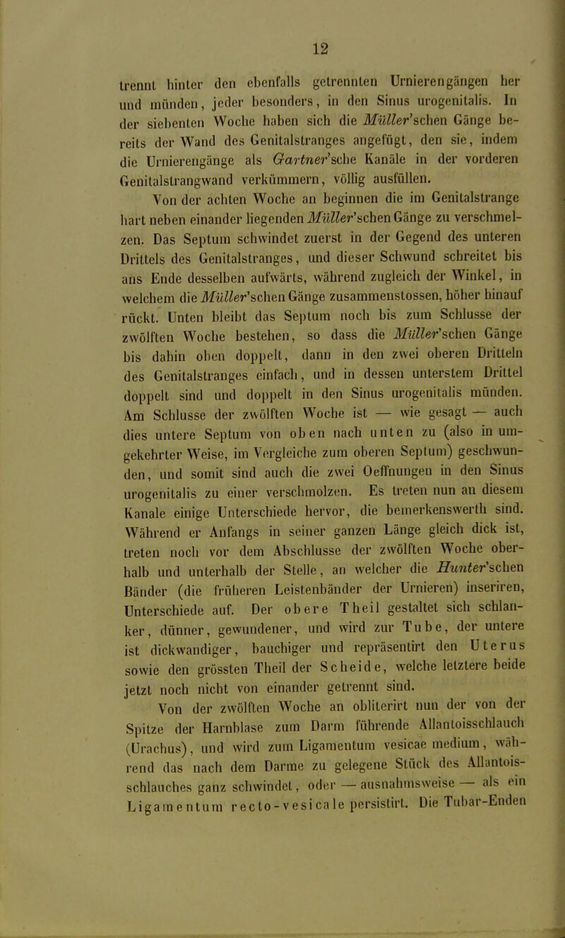 trennt hinter den ebenfalls getrennten Urnierengängen her und münden, jeder besonders, in den Sinus urogenitalis. In der siebenten Woche haben sich die MüUer'schen Gänge be- reits der Wand des Genitalstranges angefügt, den sie, indem die Urnierengänge als Gartner'sche Kanäle in der vorderen Genitalstrangwand verkümmern, völlig ausfüllen. Von der achten Woche an beginnen die im Genitalstrange hart neben einander Hegenden MtZZer'schen Gänge zu verschmel- zen. Das Septum schwindet zuerst in der Gegend des unteren Drittels des Genitalstranges, und dieser Schwund schreitet bis ans Ende desselben aufwärts, während zugleich der Winkel, in welchem die MüUer'schen Gänge zusammenstossen, höher hinauf rückt. Unten bleibt das Septum noch bis zum Schlüsse der zwölften Woche bestehen, so dass die Müller'sehen Gänge bis dahin oben doppelt, dann in den zwei oberen Dritteln des Genitalstranges einfach, und in dessen unterstem Drittel doppelt sind und doppelt in den Sinus urogenitalis münden. Am Schlüsse der zwölften Woche ist — wie gesagt — auch dies untere Septum von oben nach unten zu (also in um- gekehrter Weise, im Vergleiche zum oberen Septum) geschwun- den, und somit sind auch die zwei Oeffnungen in den Sinus urogenitalis zu einer verschmolzen. Es treten nun an diesem Kanäle einige Unterschiede hervor, die bemerkenswerth sind. Während er Anfangs in seiner ganzen Länge gleich dick ist, treten noch vor dem Abschlüsse der zwölften Woche ober- halb und unterhalb der Stelle, an welcher die Hunter'schen Bänder (die früheren Leistenbänder der Urnieren) inseriren, Unterschiede auf. Der obere Theil gestaltet sich schlan- ker, dünner, gewundener, und wird zur Tube, der untere ist dickwandiger, bauchiger und repräsentirt den Uterus sowie den grössten Theil der Scheide, welche letztere beide jetzt noch nicht von einander getrennt sind. Von der zwölften Woche an obliterirt nun der von der Spitze der Harnblase zum Darm führende ÄUantoisschlauch (Urachus), und wird zum Ligamentum vesicae medium, wäh- rend das nach dem Darme zu gelegene Stück des Allantois- schlauches ganz schwindet, oder — ausnahmsweise — als em Ligamentum recto-vesicale persistirt. Die Tubar-Enden