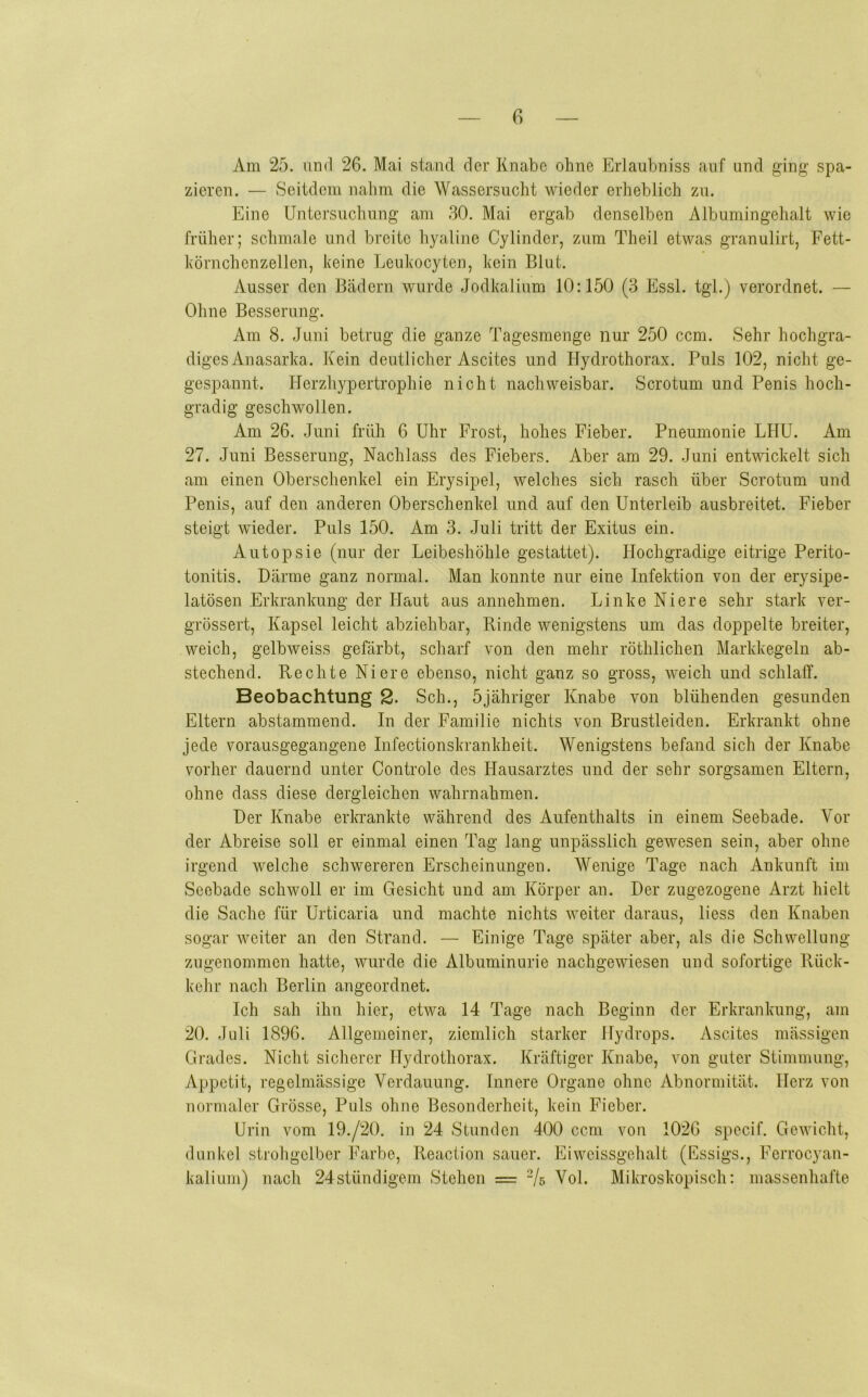 Am 25. und 26. Mai stand der Knabe ohne Erlaubniss auf und ging spa- zieren. — Seitdem nahm die Wassersucht wieder erheblich zu. Eine Untersuchung am 30. Mai ergab denselben Albumingehalt wie früher; schmale und breite hyaline Cylinder, zum Theil etwas granulirt, Fett- Ivörnchenzellen, keine Leukocyten, kein Blut. Ausser den Bädern wurde Jodkalium 10:150 (3 Essl, tgl.) verordnet. — Ohne Besserung. Am 8. Juni betrug die ganze Tagesmenge nur 250 ccm. Sehr hochgra- diges Anasarka. Kein deutlicher Ascites und Hydrothorax. Puls 102, nicht ge- gespannt. Herzhypertrophie nicht nachweisbar. Scrotum und Penis hoch- gradig geschwollen. Am 26. Juni früh 6 Uhr Frost, hohes Fieber. Pneumonie LHU. Am 27. Juni Besserung, Nachlass des Fiebers. Aber am 29. Juni entwickelt sich am einen Oberschenkel ein Erysipel, welches sich rasch über Scrotum und Penis, auf den anderen Oberschenkel und auf den Unterleib ausbreitet. Fieber steigt wieder. Puls 150. Am 3. Juli tritt der Exitus ein. Autopsie (nur der Leibeshöhle gestattet). Plochgradige eitrige Perito- tonitis. Därme ganz normal. Man konnte nur eine Infektion von der erysipe- latösen Erkrankung der Haut aus annehmen. Linke Niere sehr stark ver- grössert, Kapsel leicht abziehbar, Rinde wenigstens um das doppelte breiter, weich, gelbweiss gefärbt, scharf von den mehr röthlichen Markkegelu ab- stechend. Rechte Niere ebenso, nicht ganz so gross, weich und schlaff. Beobachtung 2. Sch., 5jähriger Knabe von blühenden gesunden Eltern abstammend. In der Familie nichts von Brustleiden. Erkrankt ohne jede vorausgegangene Infectionskrankheit. Wenigstens befand sich der Knabe vorher dauernd unter Controle des Hausarztes und der sehr sorgsamen Eltern, ohne dass diese dergleichen wahrnahmen. Der Knabe erkrankte während des Aufenthalts in einem Seebade. Vor der Abreise soll er einmal einen Tag lang unpässlich gewesen sein, aber ohne irgend welche schwereren Erscheinungen. Wenige Tage nach Ankunft im Seebade schwoll er im Gesicht und am Körper an. Der zugezogene Arzt hielt die Sache für Urticaria und machte nichts weiter daraus, liess den Knaben sogar weiter an den Strand. — Einige Tage später aber, als die Schwellung Zügenommen hatte, wurde die Albuminurie nachgewiesen und sofortige Rück- kehr nach Berlin angeordnet. Ich sah ihn hier, etwa 14 Tage nach Beginn der Erkrankung, am 20. Juli 1896. Allgemeiner, ziemlich starker Hydrops. Ascites mässigen Grades. Nicht sicherer Hydrothorax. Kräftiger Knabe, von guter Stimmung, Appetit, regelmässige Verdauung. Innere Organe ohne Abnormität. Herz von normaler Grösse, Puls ohne Besonderheit, kein Fieber. Urin vom 19./2(). in 24 Stunden 400 ccm von 1026 specif. Gewicht, dunkel strohgelber Farbe, Reaction sauer. Eiweissgehalt (Essigs., Ferrocyan- kalium) nach 24stündigem Stehen = -/b Vol. Mikroskopisch: massenhafte