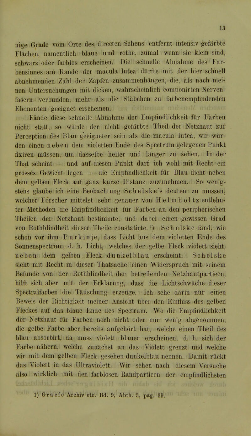 nige Grade vom Orte des directen Sehens entfernt intensiv gefärbte Flächen, namentlich hlaue und rothe, zumal wenn sie klein sind, schwarz oder farblos erscheinen. Die schnelle Abnahme des Far- bensinnes am llande der macula lutea dürfte mit .der hier schnell abnehmenden Zahl der Zapfen zusammenhängen, die, als nach mei- nen Untersuchungen mit dicken, wahrscheinlich componirten Nerven- fasern verbunden, mehr als die Stäbchen zu farbenempfindenden Elementen geeignet erscheinen. Fände diese schnelle Abnahme der Empfindlichkeit für Farben nicht statt, so würde der nicht gefärbte Theil der Netzhaut zur Perception des Blau g^eeigneter sein als die macula lutea, wir wür- den einen neben dem violetten Ende des Spectrum gelegenen Punkt fixiren müssen, um dasselbe heller und länger zu sehen. In der That scheint — und auf diesen Punkt darf ich wohl mit Recht ein grosses Gewicht legen — die Empfindlichkeit für Blau dicht neben dem gelben Fleck auf ganz kurze Distanz zuzunehmen. So wenig- stens glaube ich eine Beobachtung Schelske's deuten zu müssen, welcher Forscher mittelst sehr genauer von Helmholtz entlehn- ter Methoden die Empfindlichkeit für Farben an den peripherischen Theilen der Netzhaut bestimmte, und dabei einen gewissen Grad von Rotliblindheit dieser Theile constatirte. ^) Schelske fand, wie schon vor ihm Purkinje, dass Licht aus dem violetten Ende des Sonnenspectrum, d. h. Licht, welches der gelbe Fleck violett sieht, neben dem gelben Fleck dunkelblau erscheint. Schelske sieht mit Recht in dieser Thatsache einen Widerspruch mit seinem Befunde von der Rothblindheit der betreffenden Netzhautpartieen, hilft sich aber mit der Erklärung, dass die Lichtschwäche dieser Spectralfarben die Täuschung erzeuge. Ich sehe darin nur einen Beweis der Richtigkeit meiner Ansicht über den Einüuss des gelben Fleckes auf das blaue Ende des Spectrum. Wo die Empfindlichkeit der Netzhaut für Farben noch nicht oder nur wenig abgenommen, die gelbe Farbe aber bereits aufgehört hat, welche einen Theil des blau absorbirt, da muss violett blauer erscheinen, d. h. sich der Farbe nähern, welche zunächst an das Violett grenzt und welche wir mit dem gelben Fleck gesehen dunkelblau nennen. Damit rückt das Violett in das Ultraviolett. Wir sehen nach diesem Versuche also wirklich mit den farblosen Randpartieen der empfindlichsten 1) Graefe Archiv etc. Bd. 9, Abth. 3, pag. 39.