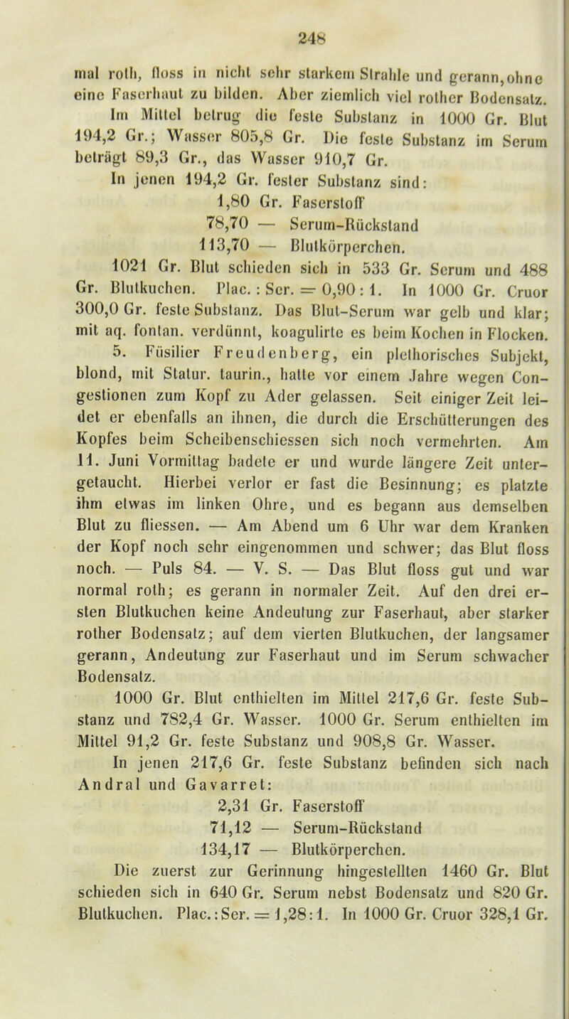 24H mal rotli, floss in niclil sehr slarkern Slralile und gerann,ohne eine Faserliaul zu bilden. Aber ziemlich viel rolher Bodensatz. Im Mittel betrug die feste Substanz in lOÜÜ Gr. Blut 194,2 Gr.; Wass(;r 805,8 Gr. Die feste Substanz im Serum beträgt 89,3 Gr., das Wasser 910,7 Gr. In jenen 194,2 Gr. fester Substanz sind: 1,80 Gr. Faserstoff 78,70 — Serum-Rückstand 113,70 — Blutkörperchen. 1021 Gr. Blut schieden sich in 533 Gr. Serum und 488 Gr. Blutkuchcn. Plac. : Ser. — 0,90 : 1. In 1000 Gr. Cruor 300,0 Gr. feste Substanz. Das Blut-Serum war gelb und klar; mit aq. fonlan. verdünnt, koagulirtc es beim Kochen in Flocken. 5. Füsilier Freudenberg, ein plelhorisches Subjekt, blond, mit Statur, taurin., hatte vor einem .Jahre wegen Con- gestionen zum Kopf zu Ader gelassen. Seit einiger Zeit lei- det er ebenfalls an ihnen, die durch die Erschütterungen des ' Kopfes beim Scheibenschiessen sich noch vermehrten. Am 11. Juni Vormittag badete er und wurde längere Zeit unler- getaucht. Hierbei verlor er fast die Besinnung; es platzte ihm etwas im linken Ohre, und es begann aus demselben Blut zu fliessen. — Am Abend um 6 Uhr war dem Kranken der Kopf noch sehr eingenommen und schwer; das Blut floss noch. — Puls 84. — V. S. — Das Blut floss gut und war normal roth; es gerann in normaler Zeit. Auf den drei er- sten Blutkuchen keine Andeutung zur Faserhaut, aber starker rother Bodensatz; auf dem vierten Blutkuchen, der langsamer gerann, Andeutung zur Faserhaut und im Serum schwacher Bodensatz. 1000 Gr. Blut enthielten im Mittel 217,6 Gr. feste Sub- stanz und 782,4 Gr. Wasser. 1000 Gr. Serum enthielten im Mittel 91,2 Gr. feste Substanz und 908,8 Gr. Wasser. In jenen 217,6 Gr. feste Substanz befinden sich nach Andral und Gavarret: 2,31 Gr. Faserstoff 71,12 — Serum-Rückstand 134,17 — Blutkörperchen. Die zuerst zur Gerinnung hingestellten 1460 Gr. Blot schieden sich in 640 Gr. Serum nebst Bodensatz und 820 Gr. Bliitkiichen. Plac.: Ser. = 1,28:1. In 1000 Gr. Cruor 328,1 Gr.